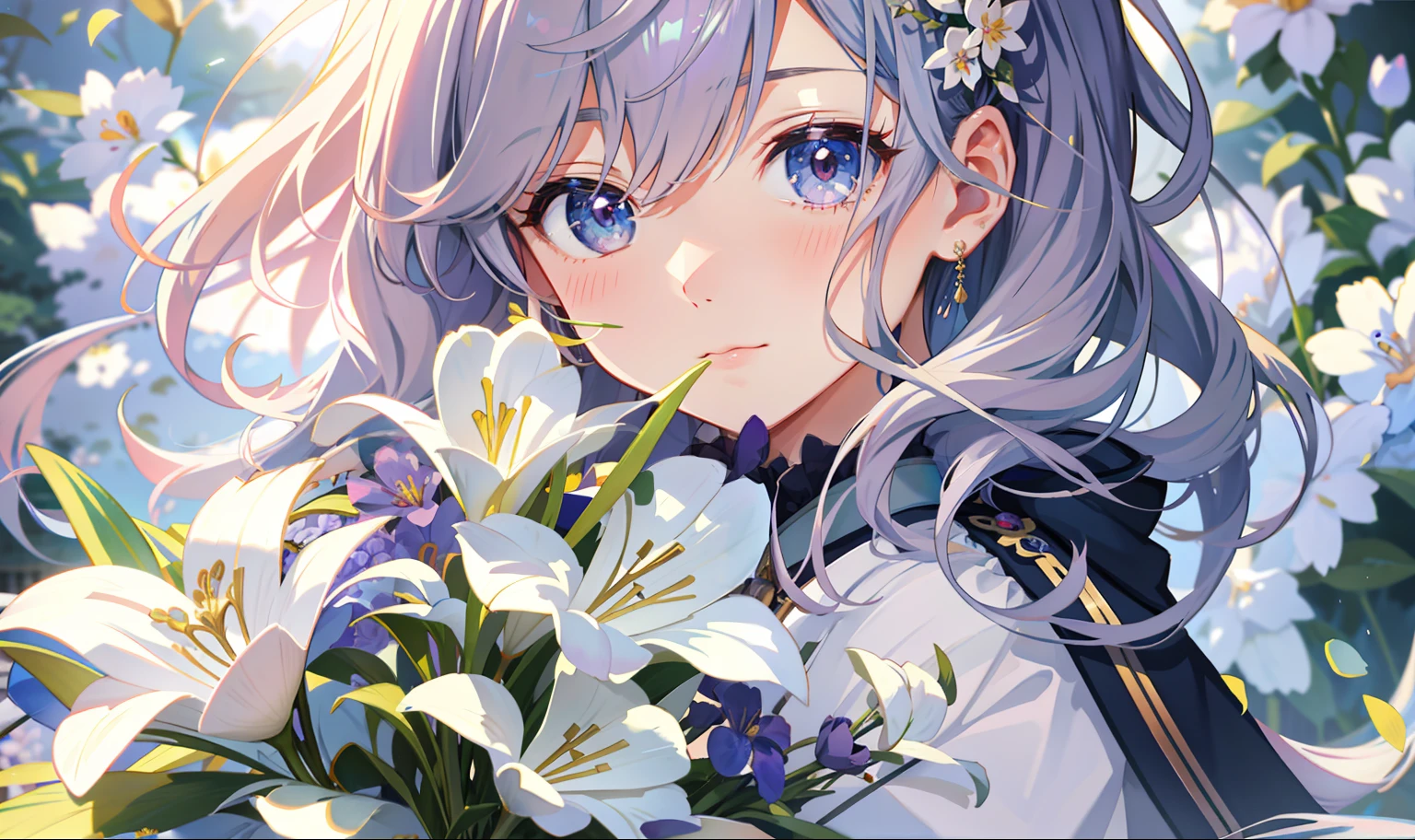 Anime girl with long hair and blue eyes holding a bouquet of flowers, Detailed digital anime art, anime visual of a cute girl, Violet Evergarden, With flowers, Kawasi, Detailed key anime art, detailed portrait of an anime girl, a beautiful anime portrait, clean and meticulous anime art, Fine details. Girl Front, granblue fantasy, Beautiful anime artwork, Detailed anime artwork