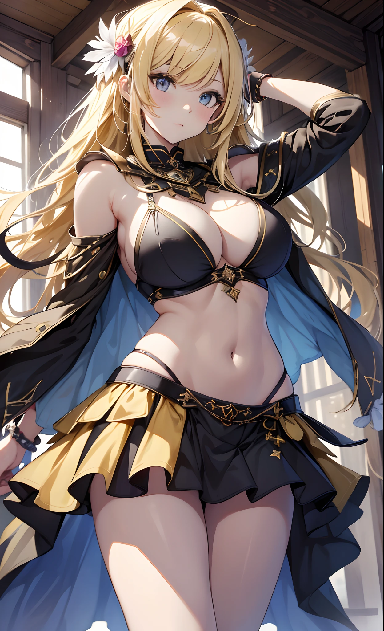 best qualityer，tmasterpiece，Ultimate resolution，downy，Extremely colorful，Colorful，western regions，Dancer，blond hairbl，Bikini costumes，Exotic，huge tit，Crop topping，short  skirt，Bare legged，veils，Normal posture