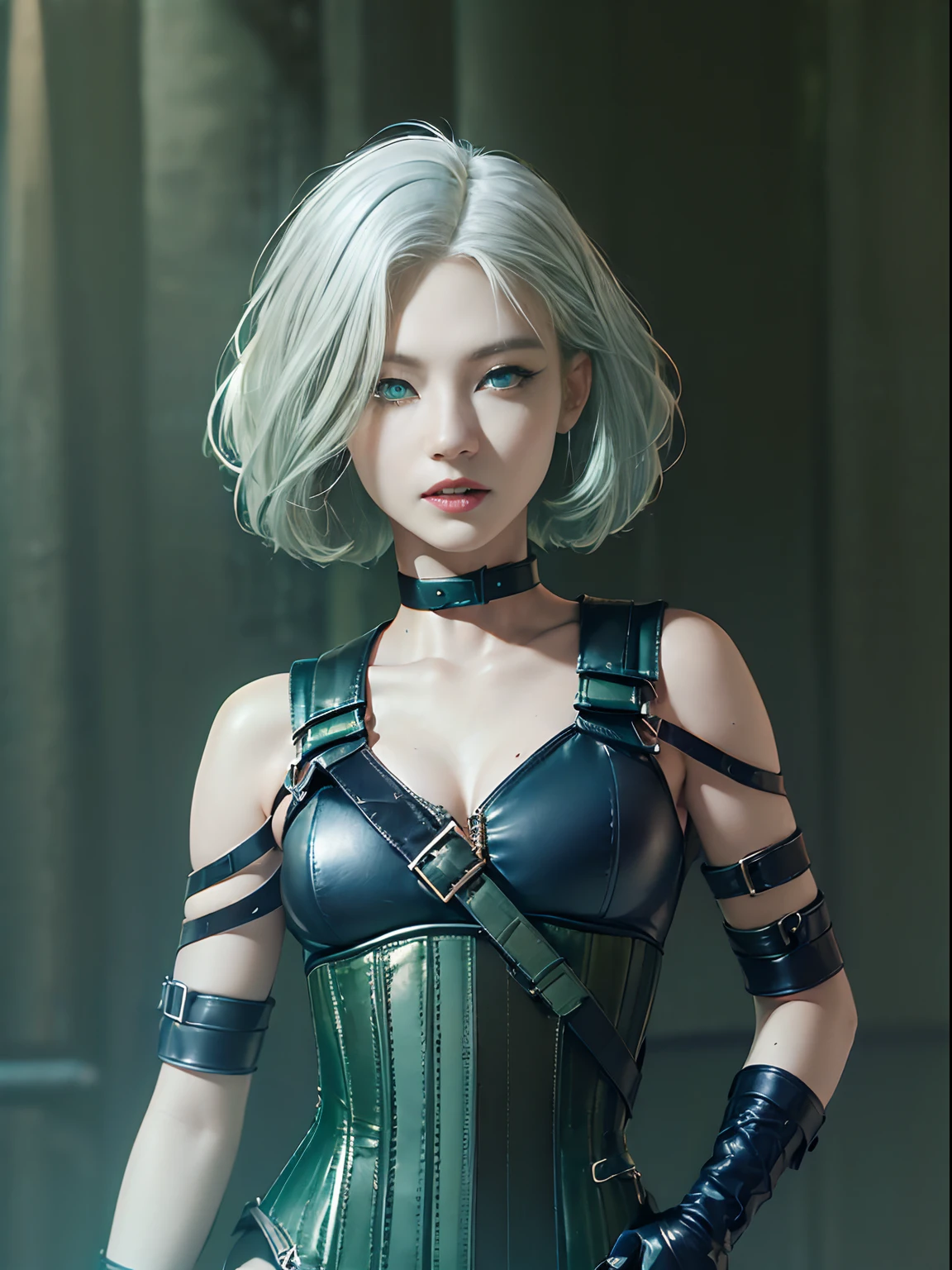 ((((Buckles, Straps)))), Seductive, (((((Black leather))))), ((leather , corset, goth)), Slightly happy, Short hair, (((white hair))), ((white hair with ((blue tips)))), blue dye, ((((((green eyes)))))), ((small breasts)), best quality, high-res, masterpiece, 8k, (((mature, woman))), solo, 1 girl