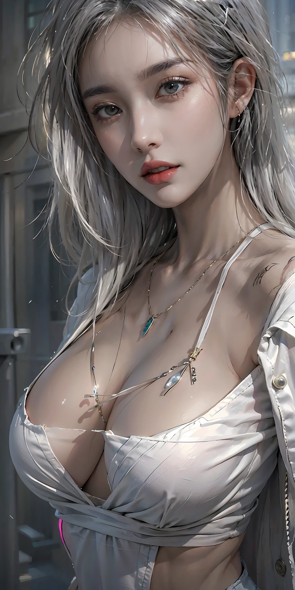 photorealistic, high resolution, soft light,1women, solo, hips up, (detailed face),tattoo, jewelry, night city, police uniform, white hair