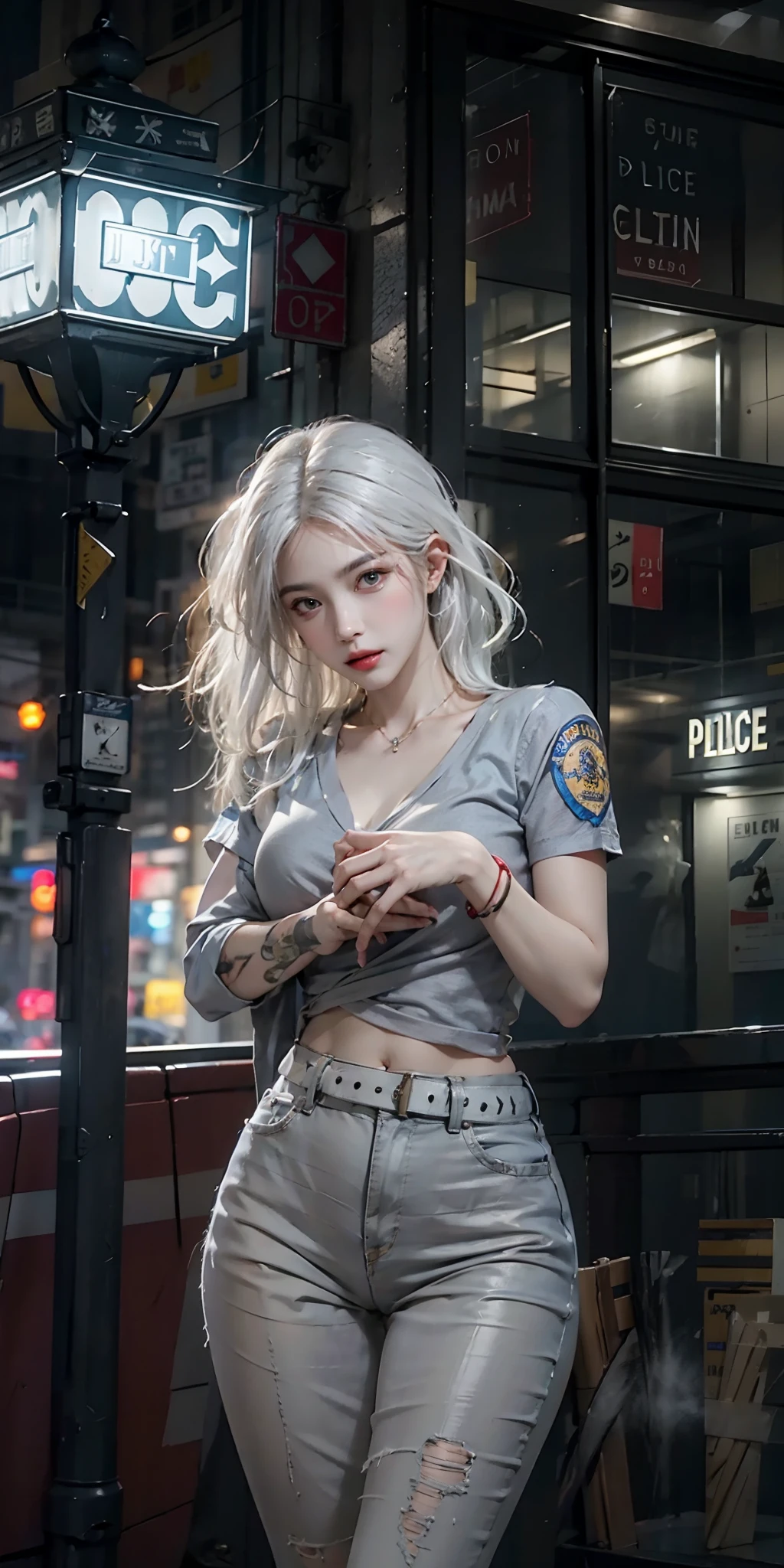 photorealistic, high resolution, soft light,1women, solo, hips up, (detailed face),tattoo, jewelry, night city, police uniform, white hair