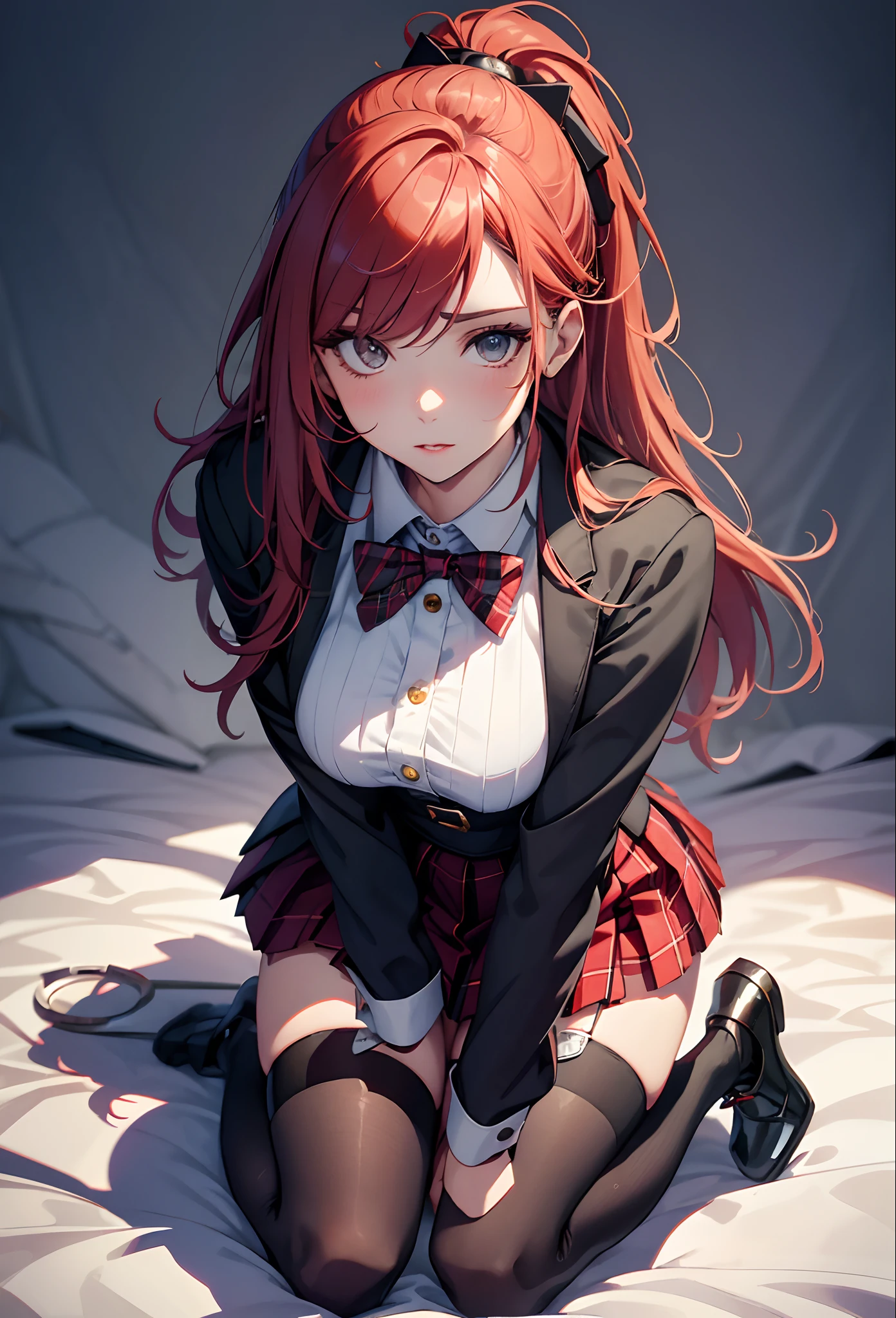 best qualityer，tmasterpiece，Ultimate resolution，downy，Extremely colorful，mature pretty woman，（JK school uniform），neck bowtie，Plaid skirts，（Beauty severed head），Normal posture，Redlip，（Kneeling pose），shackle，behead，Collar，handcuff，Anklets，（white stockings），Mary Jane shoes，Normal posture