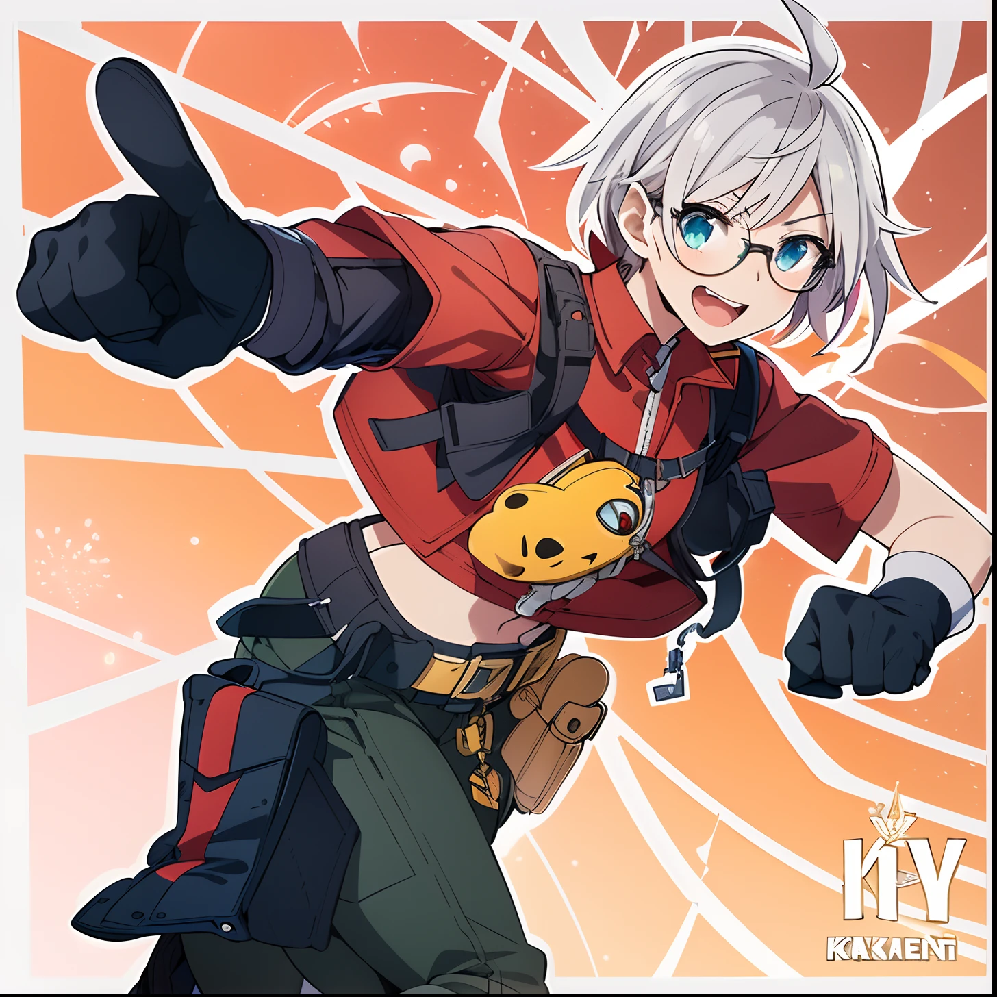 a close up of a person with a thumbs up and a red shirt, cushart kenz, key anime art, jett from valorant, riven, high quality fanart, expressing joy. by krenz cushart, akihiko yoshida!, anime style character, inspired by Akihiko Yoshida, inspired by Kun Can, detailed anime character art, short hair, white hair, military suit, 1girl, solo, (masterpiece:1.2, best quality), glasses, ((rim-less eyewear))
