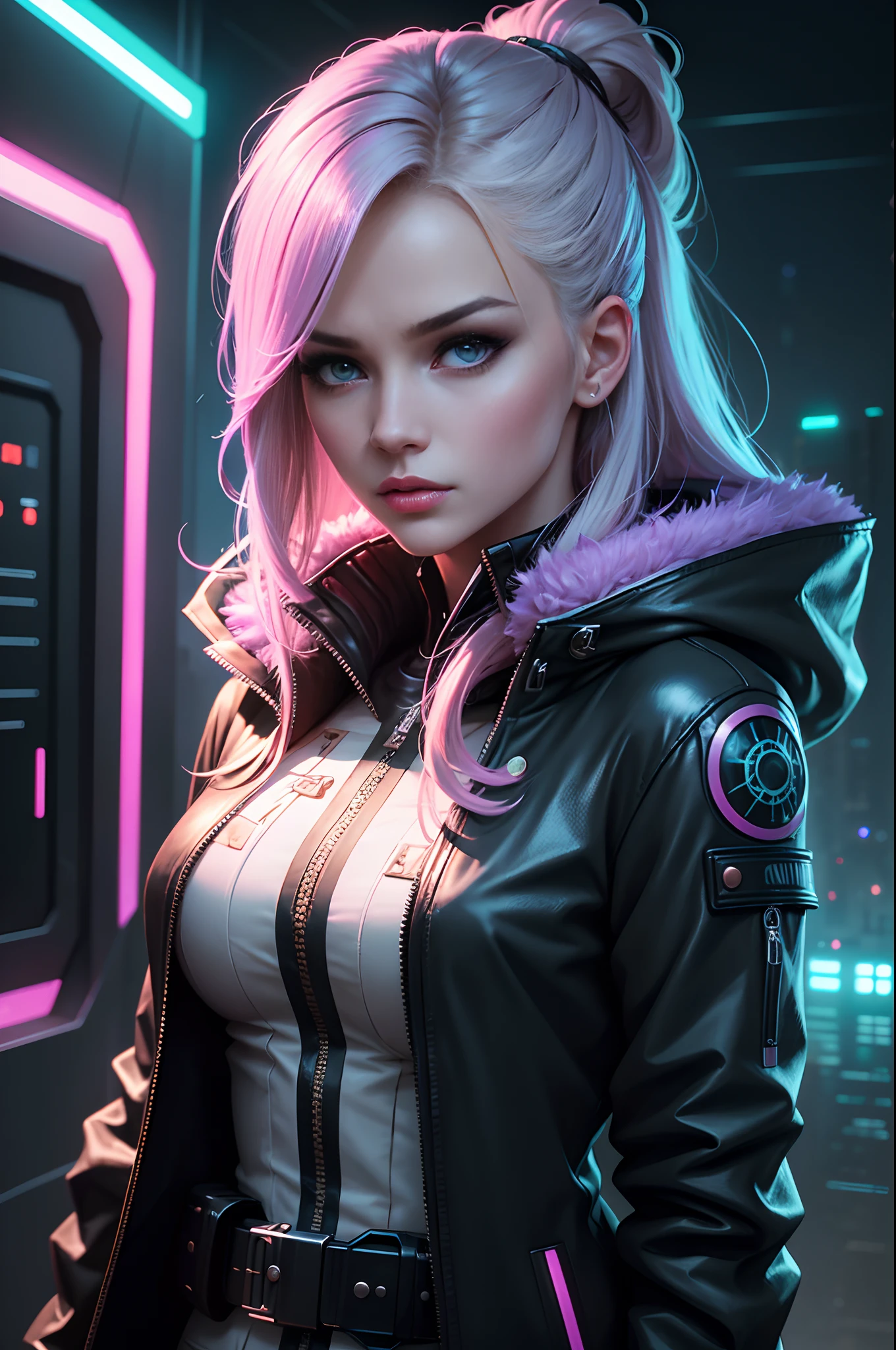 detailed portrait of European Pretty Young Girl Storm Rain movie Jacket coat, Futuristic sci-fi fashion, royal attire by ismail inceoglu dragan bibin hans thoma greg rutkowski Alexandros Pyromallis Nekro Rene Margitte illustrated Perfect face, sharp chine, fine details, realistic shaded, fine-face, pretty face cyberpunk, neotokyo, synthwave, aesthetics, futuristic, low-emission-neon, bladerunner movie scene