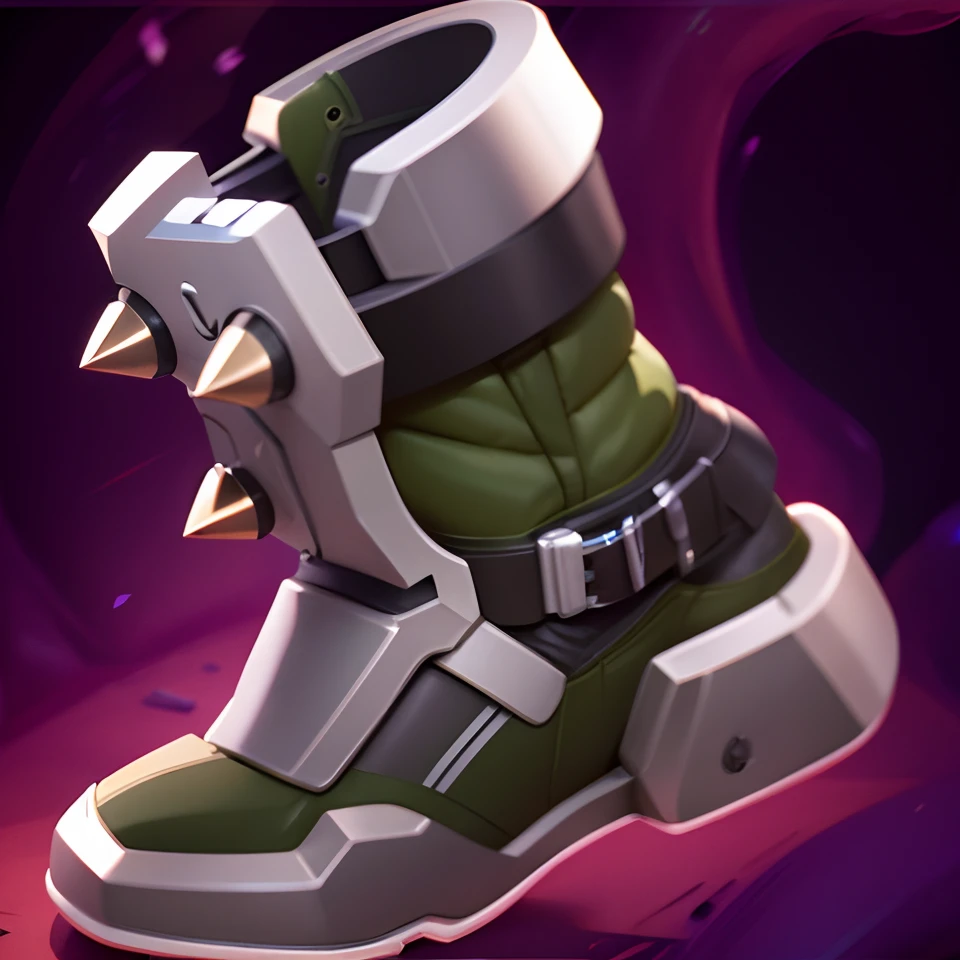 A close-up of a pair of boots,There are nails on it, heavy boots, battle shoes, heavy-duty boots, massive boots, skin spikes, killer boots, spike shell, item art, robot dragon feet, league of legends inventory item, modular item, greaves, role-playing game items, Avatar image, legendary item, stylized material bssrdf, Boots