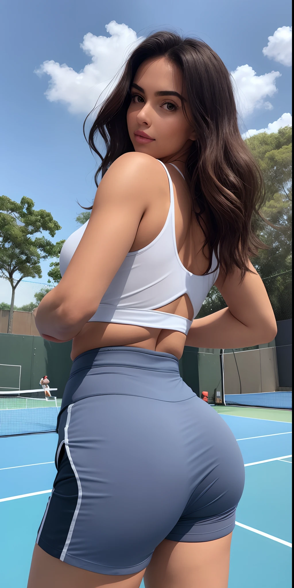 A beautiful woman in tight gray shorts and a white tank top posing on a tennis court, roupa apertada, thicc, cintura magra e quadris grossos, cintura fina, cintura Fit, back pose, mulher magra, mulher Fit, tiro do meio, cintura exposta!!!, coxas expostas!!!, tshirt azul apertada, cintura - tiro, perto de um magro, traje apertado, foto fit, usando roupas simples e apertadas, fazendo uma pose majestosa quente