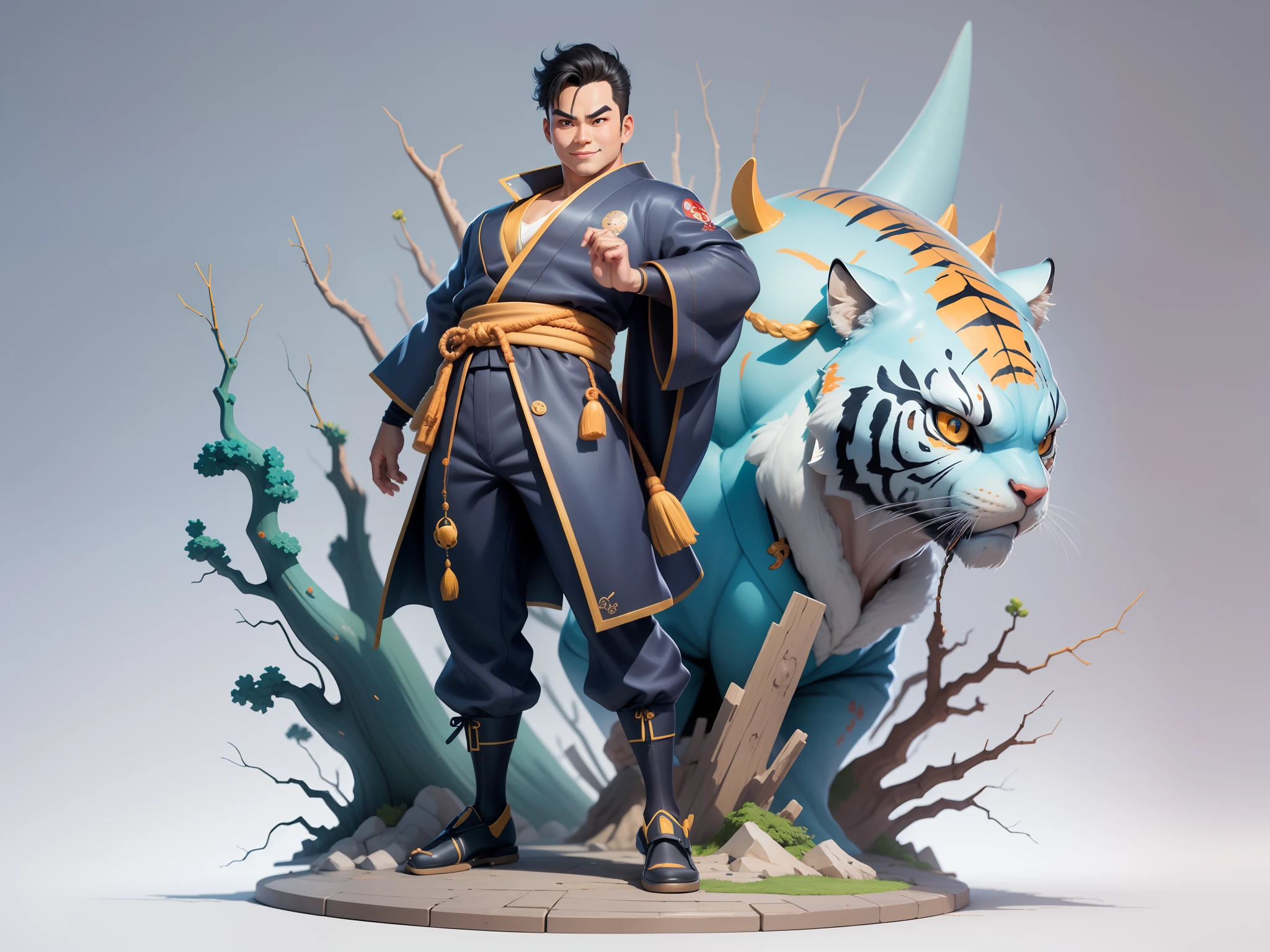 (Masterpiece), (Excellent), (Super Meticulous), (Full Body: 1.2), Super Young Man, Oriental Face, Japanese Kimono, Japanese Wind Thunder God, Dragon, Tiger, TV Anchor, Bust Portrait Illustration, Alone, Black Suit, Blue Tie, Slightly Chubby Face, Very Clean Face, No Beard, Black Super Short Hair, Black Eyes, Confident Smile, 3c Computer Sub-Products, iPad, iPhone, Digital Painting, 3D Character Design by Akira Toriyama and Mark Claireden and Pixar and Hayao Miyazaki, The illustration is a high-definition illustration in 4K resolution with very detailed facial features and cartoon-style visuals.