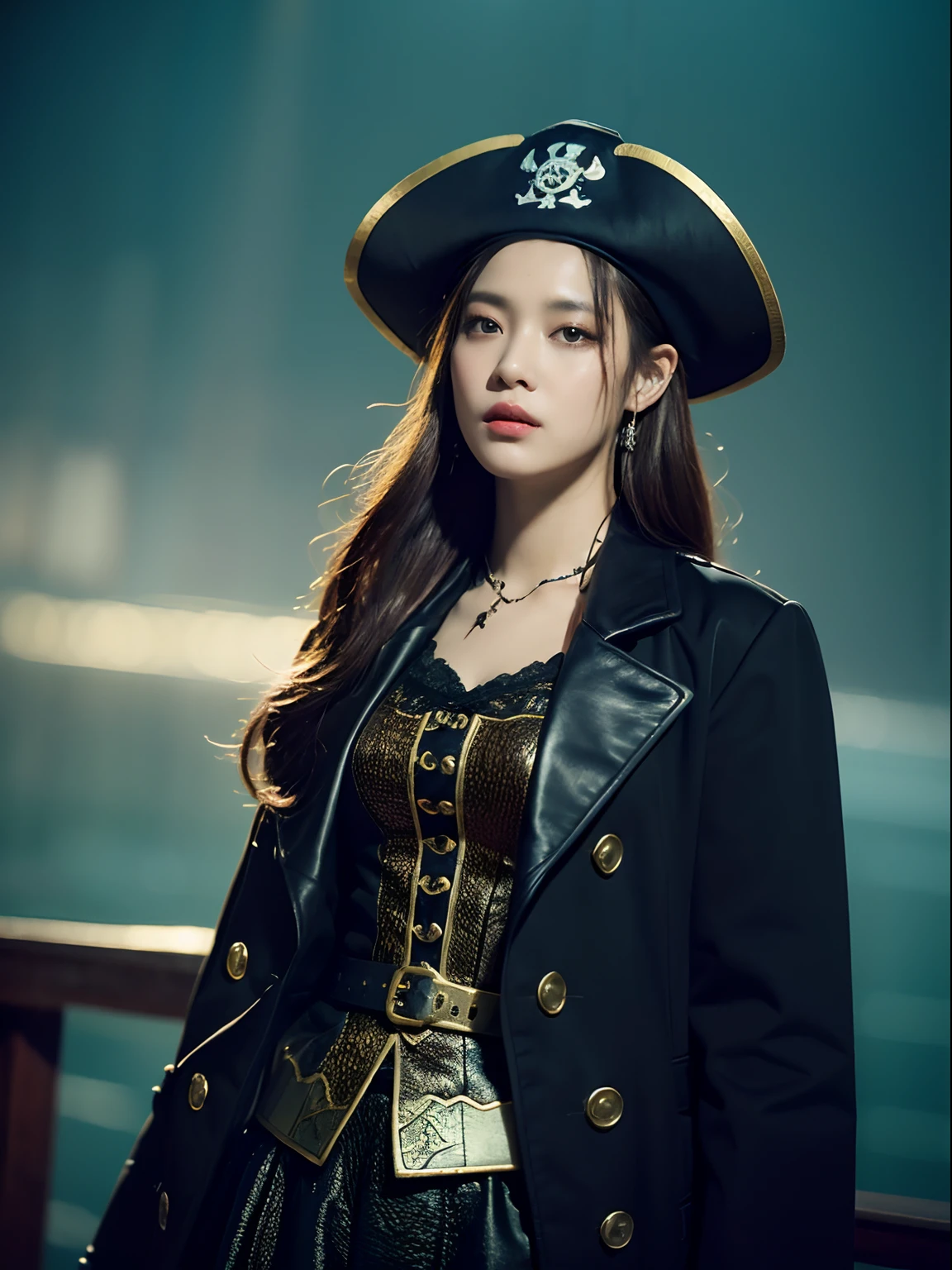 (top-quality、hight resolution、​masterpiece:1.3)、Creates a female work that combines a dark and crazy world view centered on black with intense fantasy elements in high quality。(Pirate Captain, Pirate Costume, Hats, on a pirate ship)She's dressed as a pirate。It has a creepy and attractive appearance,Her comprehensive black fashion style is、Emphasize her personality。Background is eerie sea, sunset and black clouds, Fantastic fantasy world,  Her figure is mysterious, Dark atmosphere and fantasy essence blend perfectly。 Light and shadow effects are skillfully expressed、The details of the black costume and her face and expression are depicted in detail.。The fantasy element is even more powerful、A magical light envelops her。The overall atmosphere is mysterious and enchanting, yet、Gives a unique artistic touch。This work is、It stands out for its black and dark tones.、Evokes visual stimuli and aesthetic sensations、Gives the viewer interest and mysterious charm。 Create high-quality pieces that weave fantasy elements into a dark and crazy world。Her eerie and charming figure and fantastic background、It will make a deep impression on the viewer as a unique work of art.。