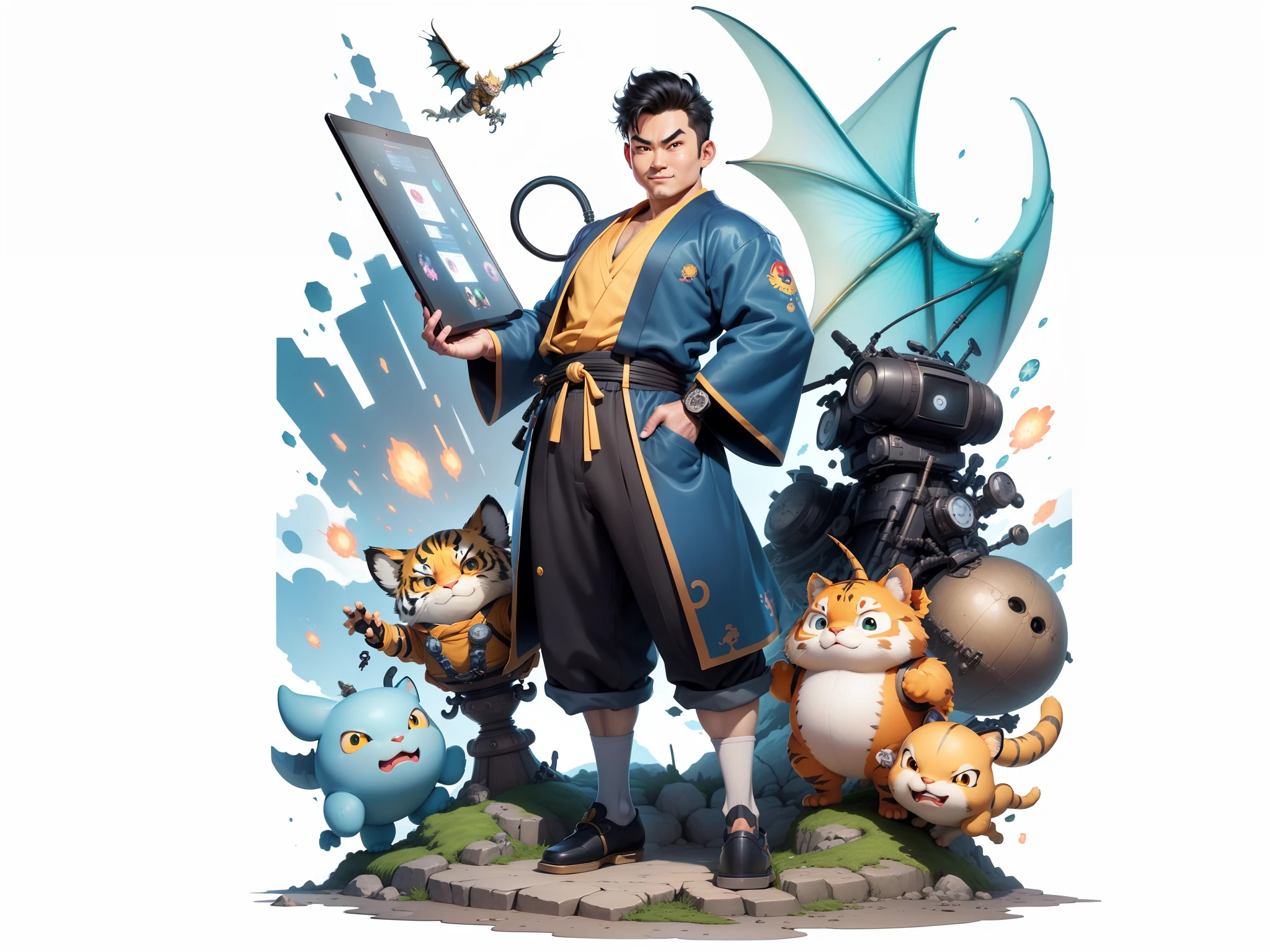 (Masterpiece), (Excellent), (Super Meticulous), (Full Body: 1.2), Super Young Man, Oriental Face, Japanese Kimono, Japanese Wind Thunder God, Dragon, Tiger, TV Anchor, Bust Portrait Illustration, Alone, Black Suit, Blue Tie, Slightly Chubby Face, Very Clean Face, No Beard, Black Super Short Hair, Black Eyes, Confident Smile, 3c Computer Sub-Products, iPad, iPhone, Digital Painting, 3D Character Design by Akira Toriyama and Mark Claireden and Pixar and Hayao Miyazaki, The illustration is a high-definition illustration in 4K resolution with very detailed facial features and cartoon-style visuals.