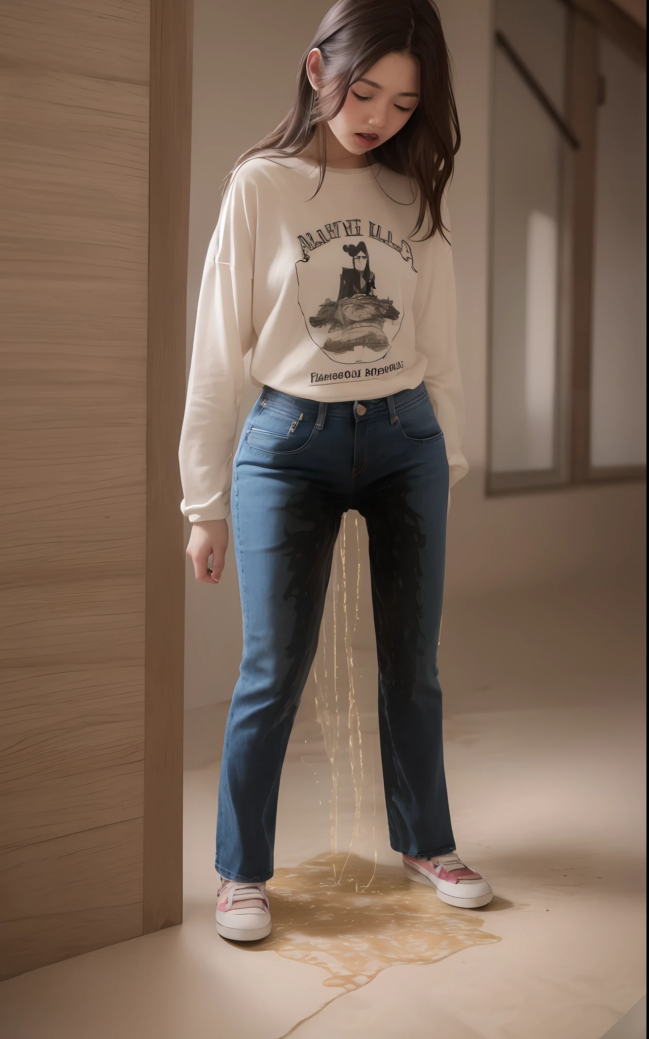 masterpiece, 8K, realistic, highly detailed, highres, best quality, detailed face, (3girls), 20 years old, (blue jeans pants), full body, blush, worried, park, ((((((pee stain))))))