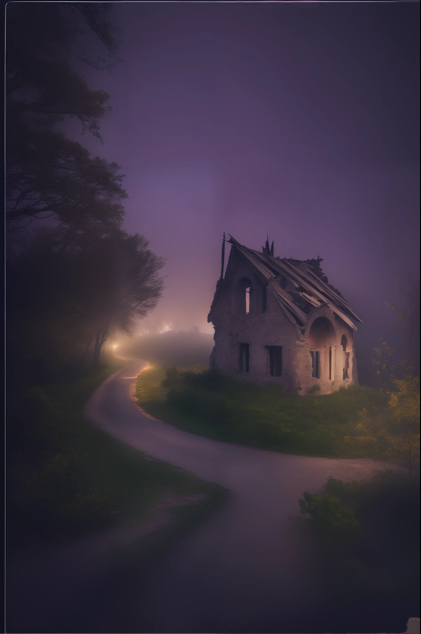 deep in the night、((Ruins、Ruins with a single house、The road in the foreground、Winding road))、foggy、Sateen、reflection、Lonely atmosphere、Dreamy images、, wide shot, foreshortening, Wide-Angle, f/16, Hasselblad, UHD, retina, masterpiece, ccurate, highres, ccurate