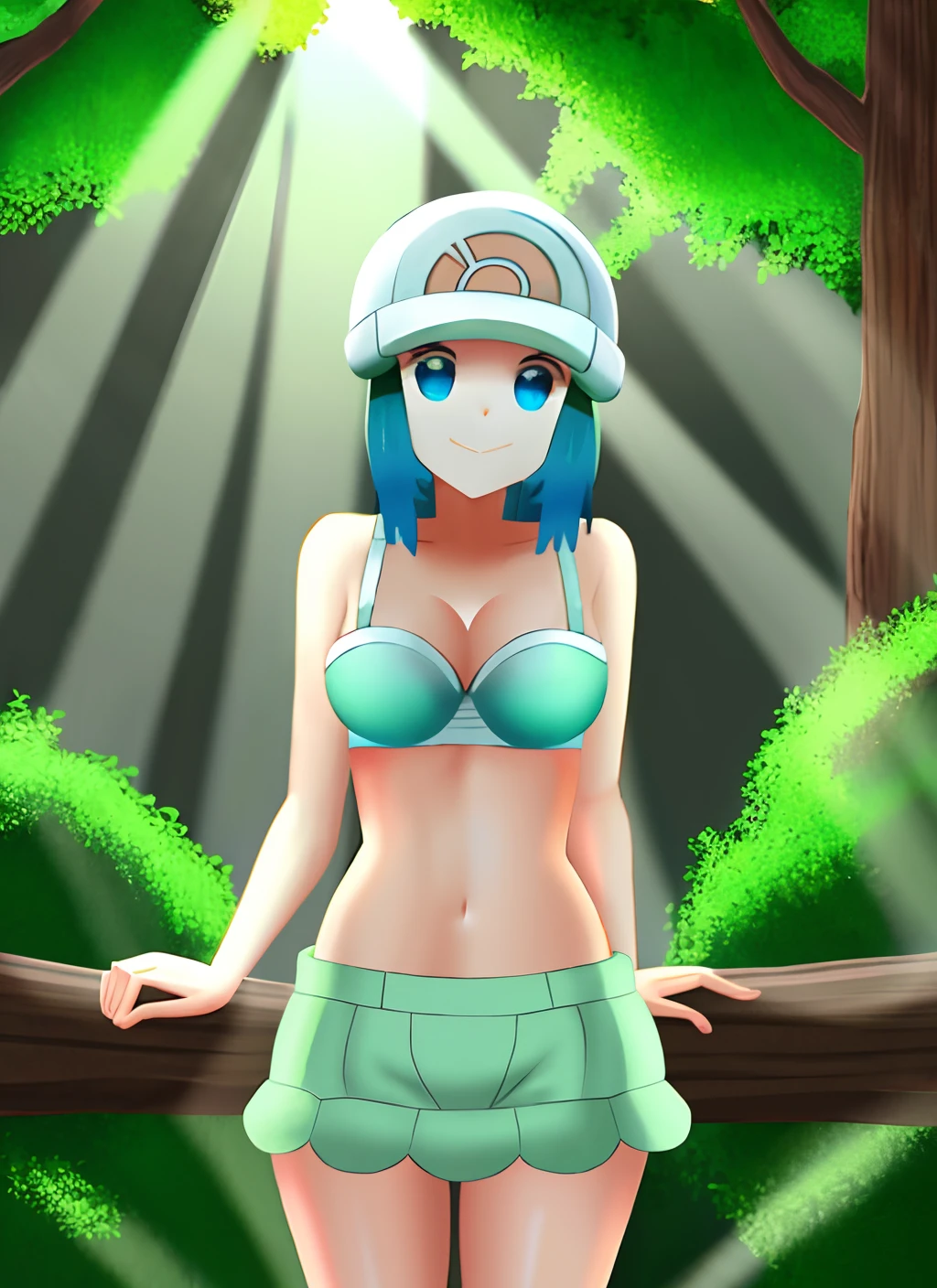 forest, light rays, 1girl, character_pokemon_dawn, solo, cowboy shot, looking at viewer, underwear stripped, bra