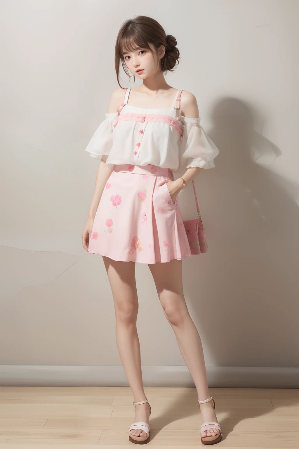 Styles worn by girlish women in casual scenes in spring and summer。Facial Hair Design、It is a natural wave with see-through bangs。Hairstyle silhouette short wave and light style。Hair color is pink-brown and sweet impression。Hair styling is half-up and girlish design。The tops are bright colors with a camisole。The bottoms are made of light material with a miniskirt。Eyewear is a bright color with a round frame。The shoes are sandals with a light design。Made from cotton and linen。Accessories are flower brooches and cute bangles。