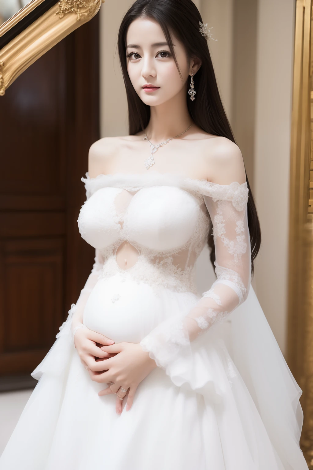 Best quality, (真实感:1.2), Single photo, 独奏, shiny skins, A detailed face, Face focus, Black hair ,(looking at viewert:1.5), 黑The eye, Bare shoulders, Sexy wedding dress,Gorgeous wedding dress,(photore:0.8),legs separated,Pubic hair shows through, Bare upper body,breast enhancement,Slimming the waist,Beautifully embroidered sexy and gorgeous wedding dress,Decorated with beautifully embroidered wedding dresses,(huge tit:1.4),Pregnant woman, pregnant belly,Eight months pregnant