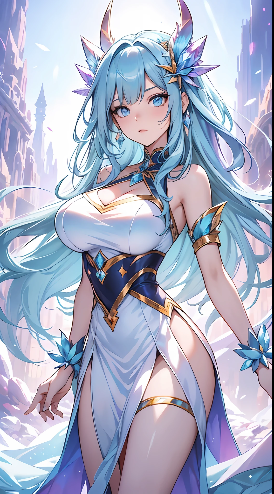 an elf mage, yellow cured hair, bangs, large breasts, exposed thighs, hair between eyes, heroic posture, blue eyes, full body, white and light blue robes, confident, fantasy, medieval, medieval castle, rays of sun