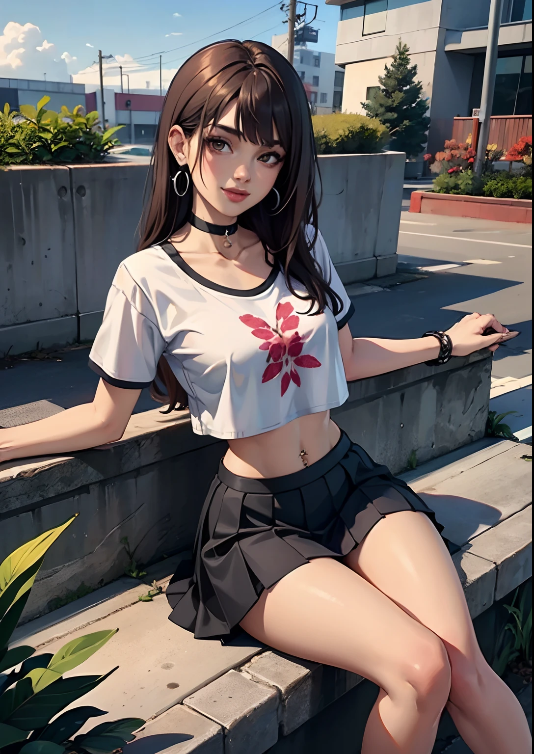 1girl, bangs, black_choker, brown_hair, blue_skirt, bush, choker, collarbone, day, earrings, flower, jewelry, lips, looking_at_viewer, outdoors, plant, pleated_skirt, potted_plant, road,shirt, long_hair, short_sleeves, sitting, skirt, smile, solo, stairs,skimpy outfit,legs up,lewd pose,crop top(naval ring piercing)(bellybutton silver piercing)