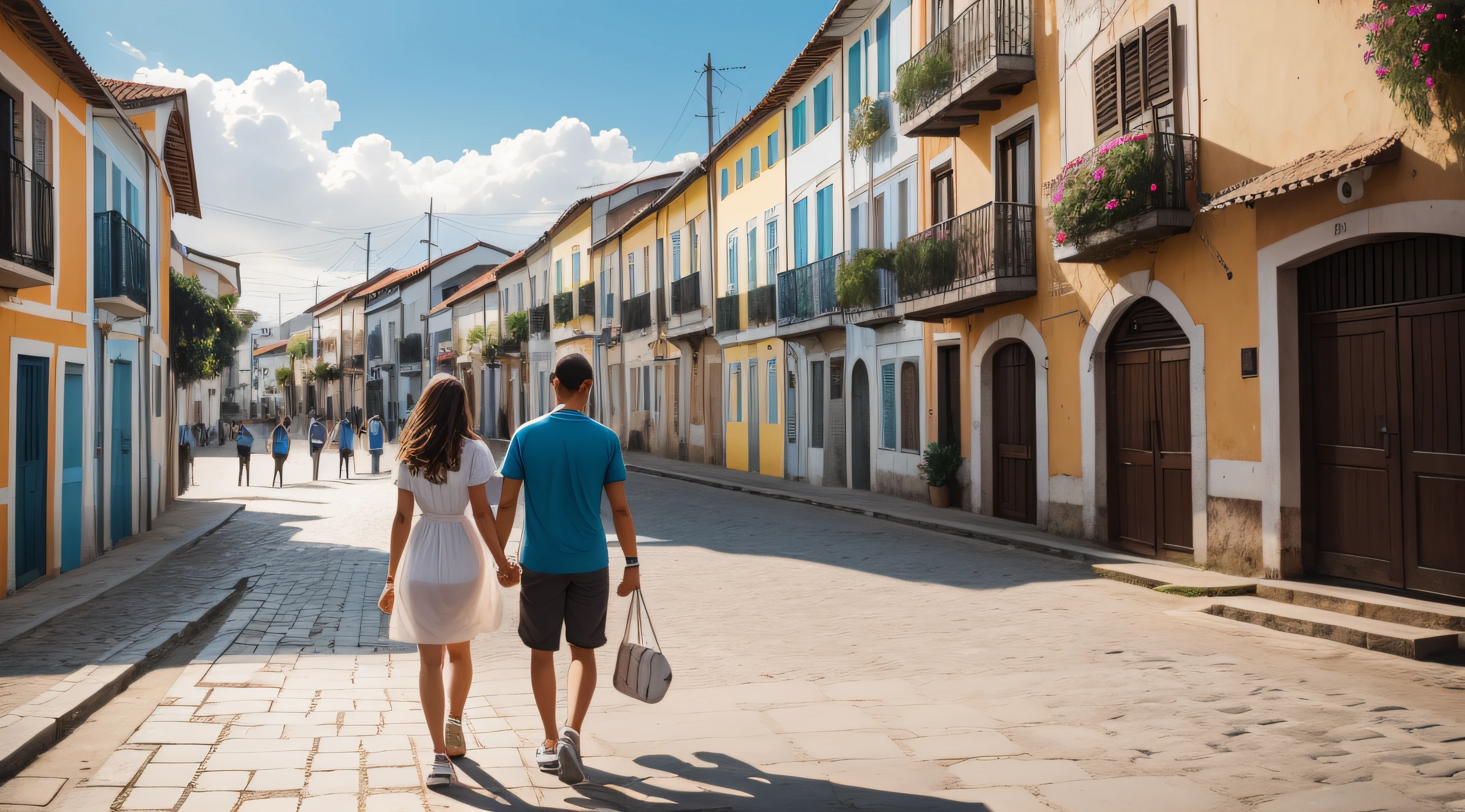 Crie uma imagem, de um casal de jovens namorados, Nain e Martina, Cabelos pretos, pele clara, foco de corpo inteiro, Walking through a square, Clear day of sunny blue sky, olhares apaixonados, risos compartilhados. With background of a public square in a distant village.