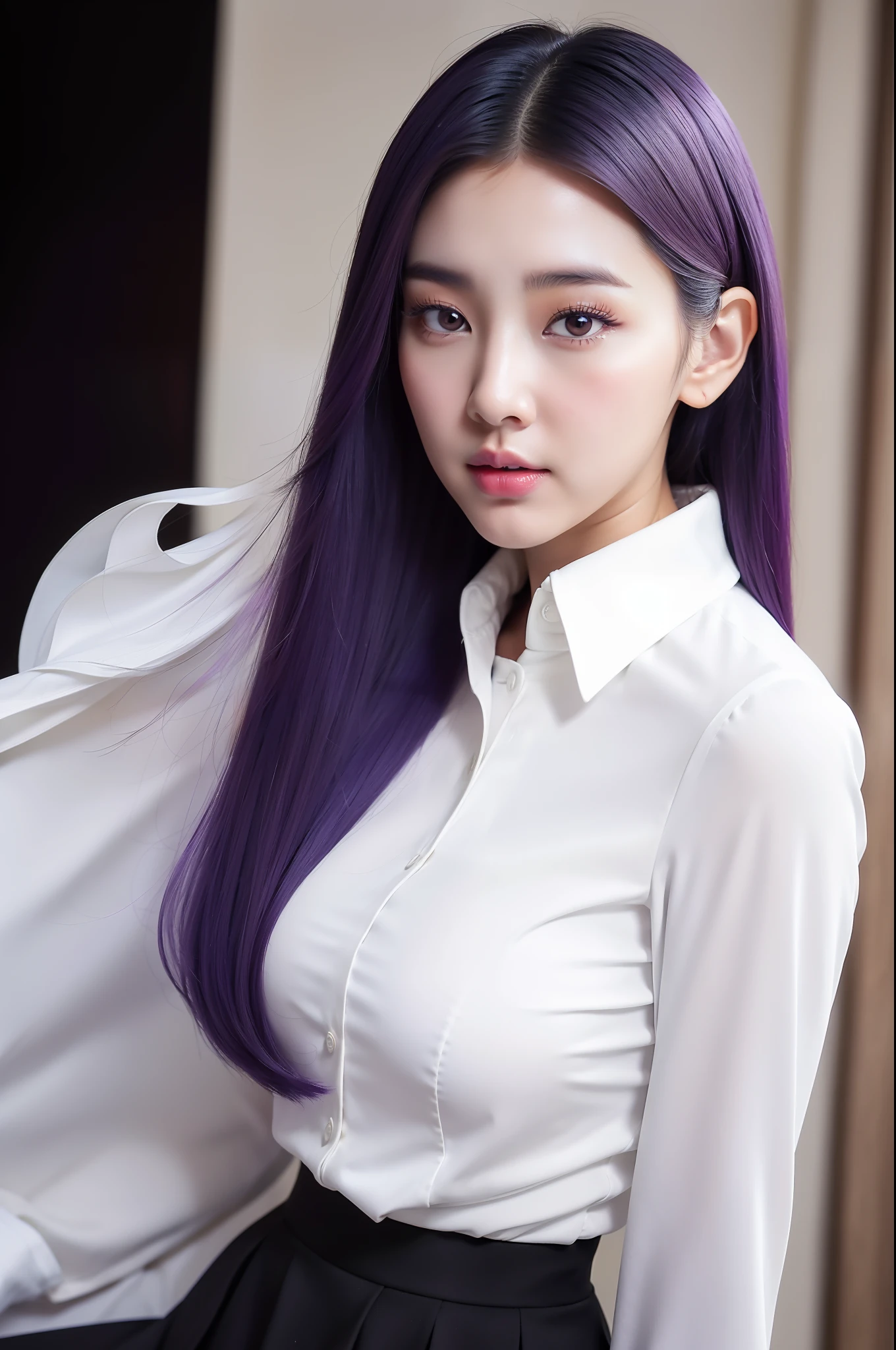 arafed asian woman in a white shirt and black skirt posing for a picture, jaeyeon nam, gorgeous young korean woman, beautiful south korean woman, korean girl, beautiful young korean woman, korean woman, heonhwa choe, korean women's fashion model, smooth white tight clothes suit, sexy look, big breast, light purple hair