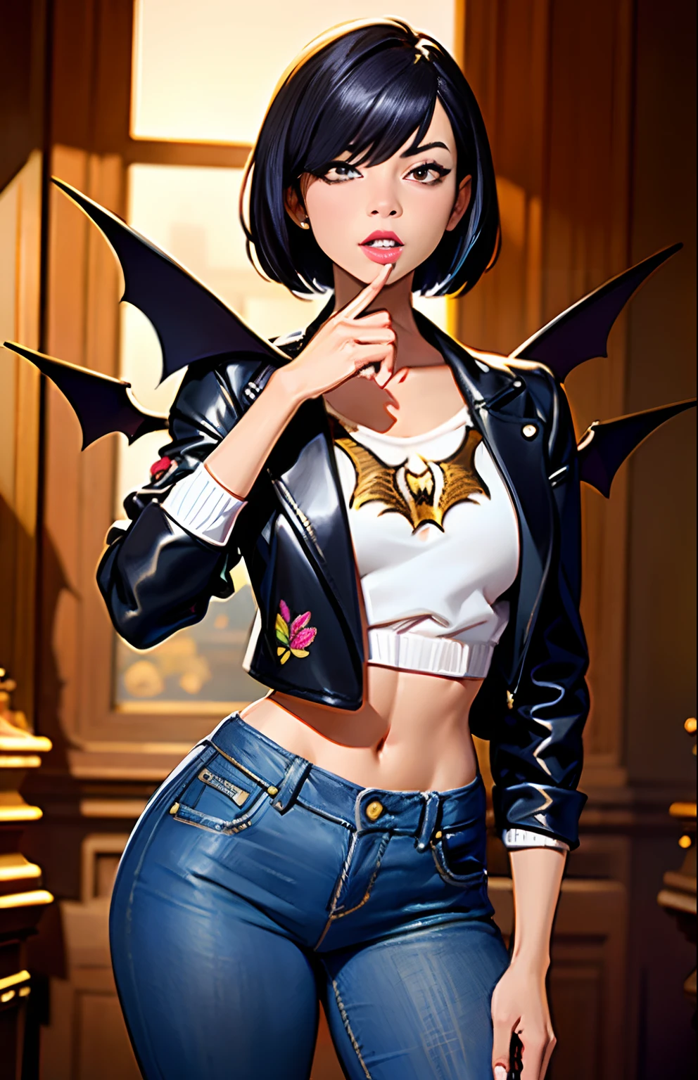 masterpiece, high quality,1girl,solo,middle breast , short hair, (hair between eyes),(00BFFE pixie cut), Bat wings, Disappointed face,(Embroidered sweater, Cropped flare jeans, Leather blazer)