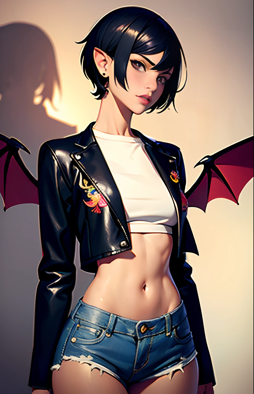 masterpiece, high quality,1girl,solo,middle breast , short hair, (hair between eyes),(00BFFE pixie cut), Bat wings, Disappointed face,(Embroidered sweater, Cropped flare jeans, Leather blazer)