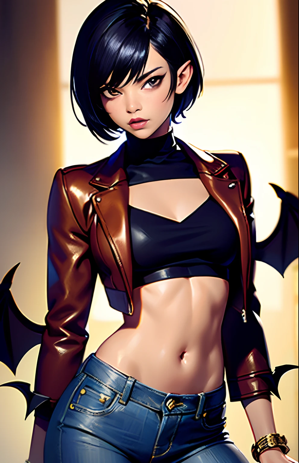 masterpiece, high quality,1girl,solo,middle breast , short hair, (hair between eyes),(00BFFE pixie cut), Bat wings, Disappointed face,(Embroidered sweater, Cropped flare jeans, Leather blazer)