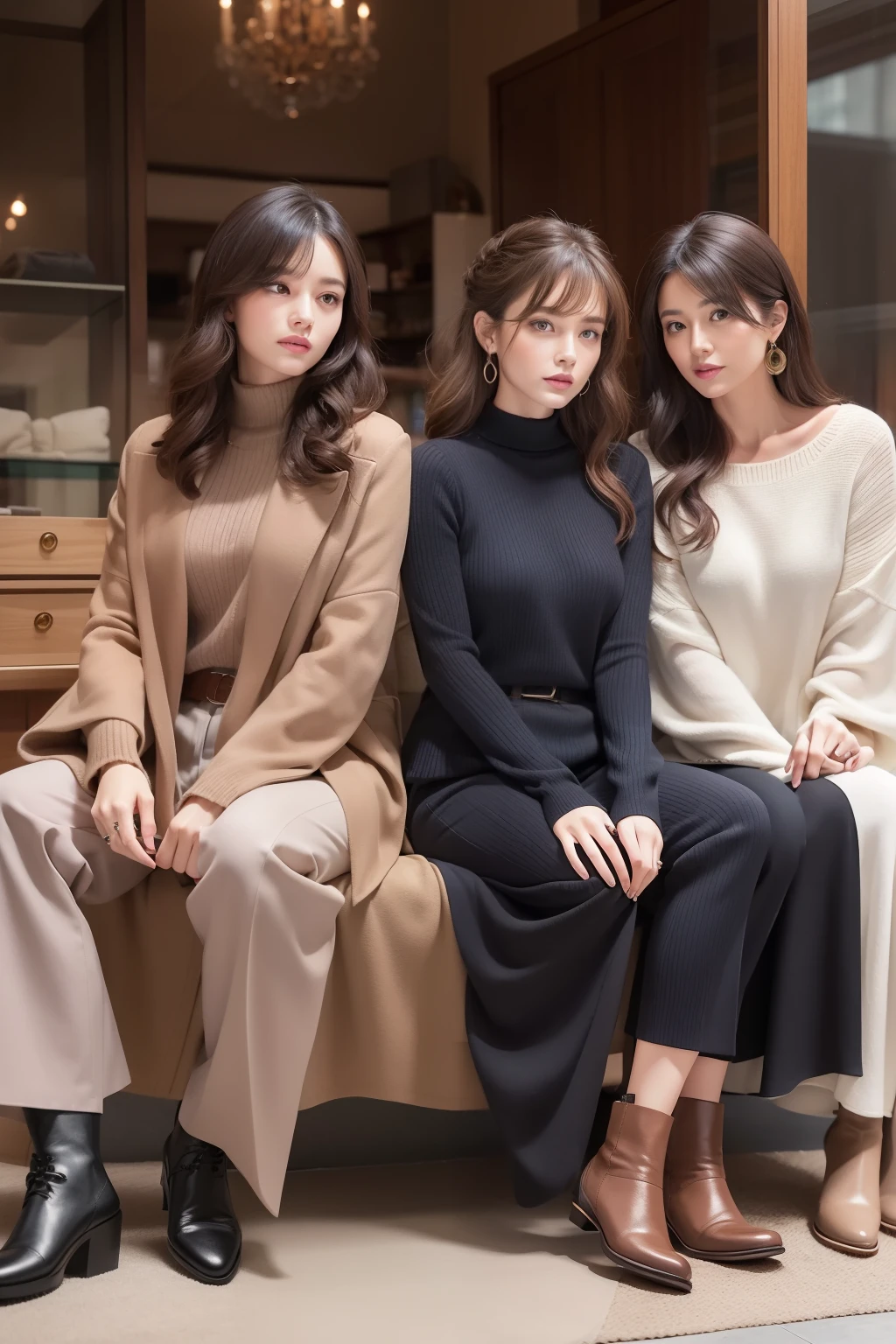 Styles flashy women wear for business occasions in autumn and winter. Facial hair design is curtain bangs and soft curls. The silhouette of the hair is、It is a medium wave of loose curls. Hair color is chocolate brown with a sweet taste. Hair styling is romantic elegance in a rose bun. Tops are knitted tops of warm shades. Bottoms are wool pants made of warm material. Eyewear is an oval frame with muted colors. The shoes are elegantly designed boots. Made from cashmere and wool. Accessories are gold bracelets and elegant rings.