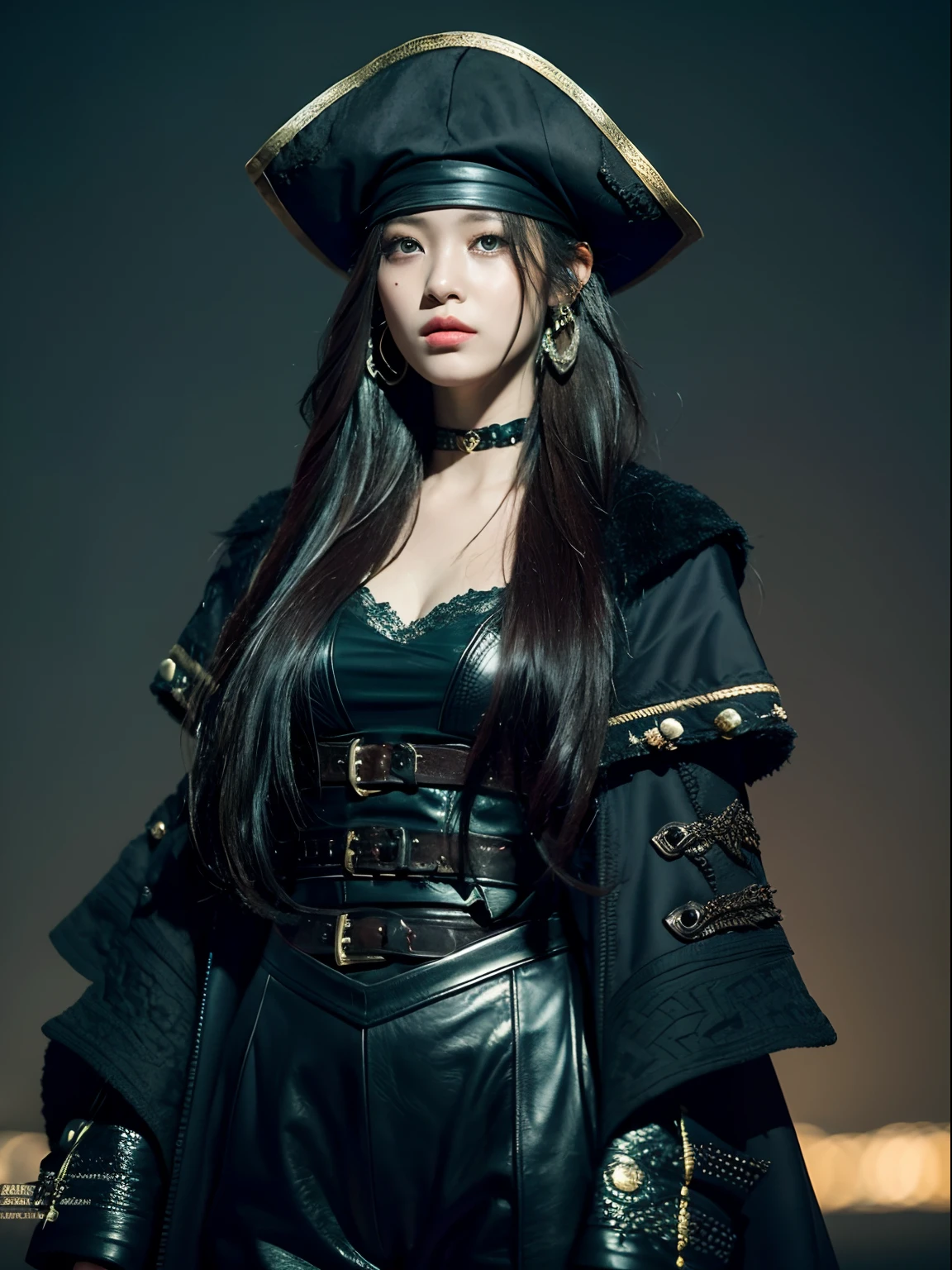 (top-quality、hight resolution、masterpiece:1.3)、Creates a female work that combines a dark and crazy world view centered on black with intense fantasy elements in high quality。(Pirate Captain, Pirate Costume, Hats, on a pirate ship)She's dressed as a pirate。It has a creepy and attractive appearance,Her comprehensive black fashion style is、Emphasizes her personality。The background is an eerie ocean, Fantastic fantasy world, Strange sea creatures and magical plants exist, Her figure is mysterious, Dark atmosphere and fantasy essence blend perfectly。 Light and shadow effects are skillfully expressed、The details of the black costume and her face and expression are depicted in detail.。The fantasy element is even more powerful、A magical light envelops her。The overall atmosphere is mysterious and enchanting, yet、Gives a unique artistic touch。This work is、It stands out for its black and dark tones.、Evokes visual stimuli and aesthetic sensations、Gives the viewer interest and mystical charm。 Create high-quality pieces that weave fantasy elements into a dark and crazy world。Her eerie and charming figure and fantastic background、It will make a deep impression on the viewer as a unique work of art.。