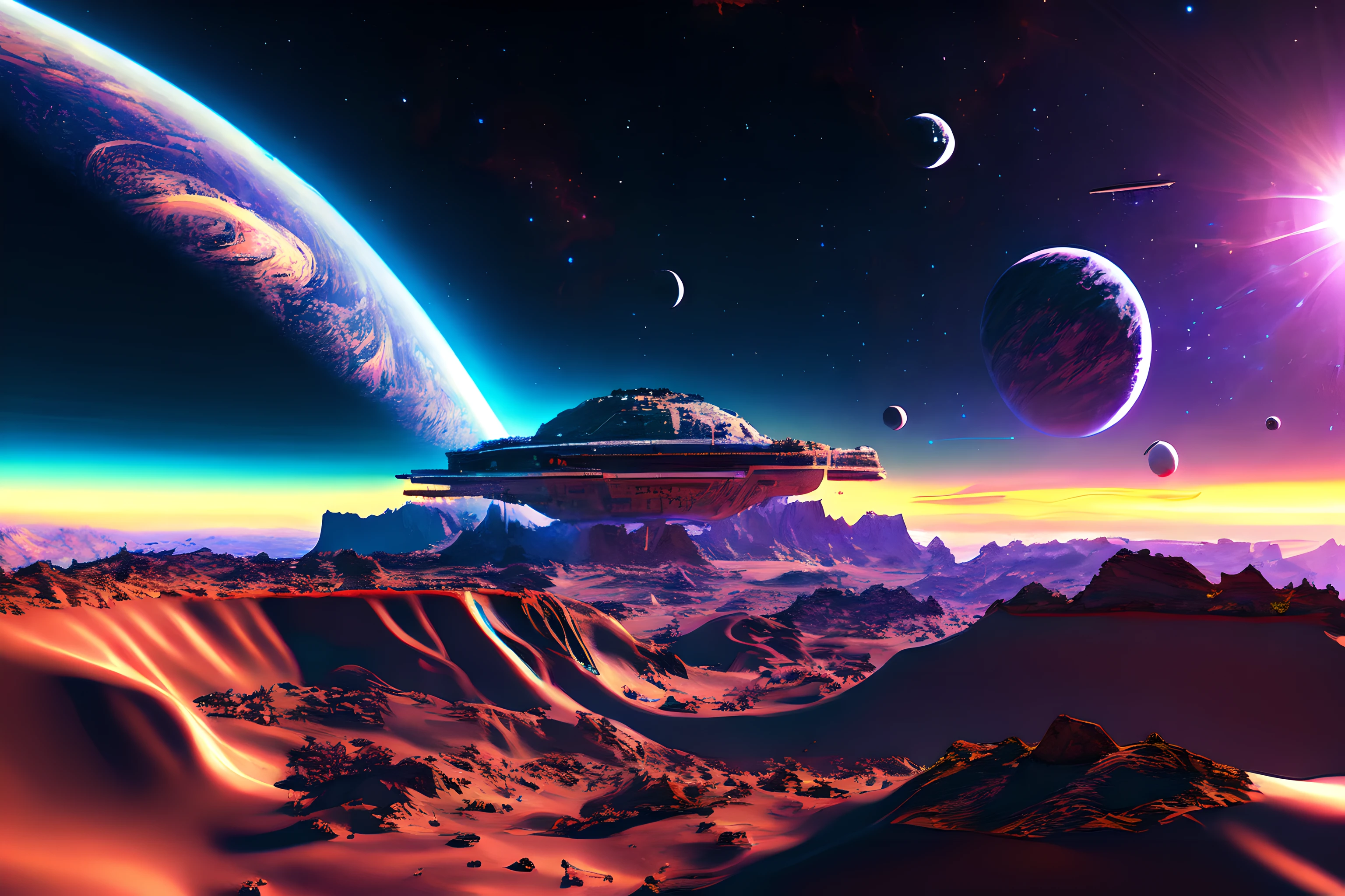 Looking out from the space station, the landscape would be breathtaking. The station would be located in the midst of an endless expanse of dark, star-studded space, with a distant planet visible on the horizon. The planet would be a majestic, multi-colored sphere, covered in swirling clouds and dotted with mountains and oceans.

Around the station, there would be a flurry of activity, as spacecraft come and go, transporting supplies, equipment, and personnel. Some of the ships would be sleek and streamlined, while others would be bulky and utilitarian, designed for heavy lifting and long-haul transport.

The space station itself would be a marvel of engineering, a gleaming hub of metal and glass that extends out into space like a giant spider web. The modules that make up the station would be connected by slender, curved arms, each one bristling with communication antennae, solar panels, and scientific instruments.

As the station orbits the planet, the landscape below would change, revealing new vistas and hidden wonders. There might be massive craters, towering volcanoes, or deep canyons that stretch for miles. The colors of the planet would shift as the sun rises and sets, casting long shadows across the landscape and illuminating hidden valleys and peaks.

Despite the vastness of space and the sheer scale of the landscape, the space station would be a beacon of life and activity, a testament to the ingenuity and determination of human beings to explore and conquer the unknown. (((masterpiece))), ((best quality)), realistic, 8k, ultra-detailed, realistic, scenery, ConceptArt,  Highly detailed RAW color Photo, side Angle, (lens flare:0.7), particle effects, raytracing, cinematic lighting, shallow depth of field, photographed on a Sony Alpha 1, 50mm wide angle lens, sharp focus, cinematic film still, dynamic pose., 1 planet,