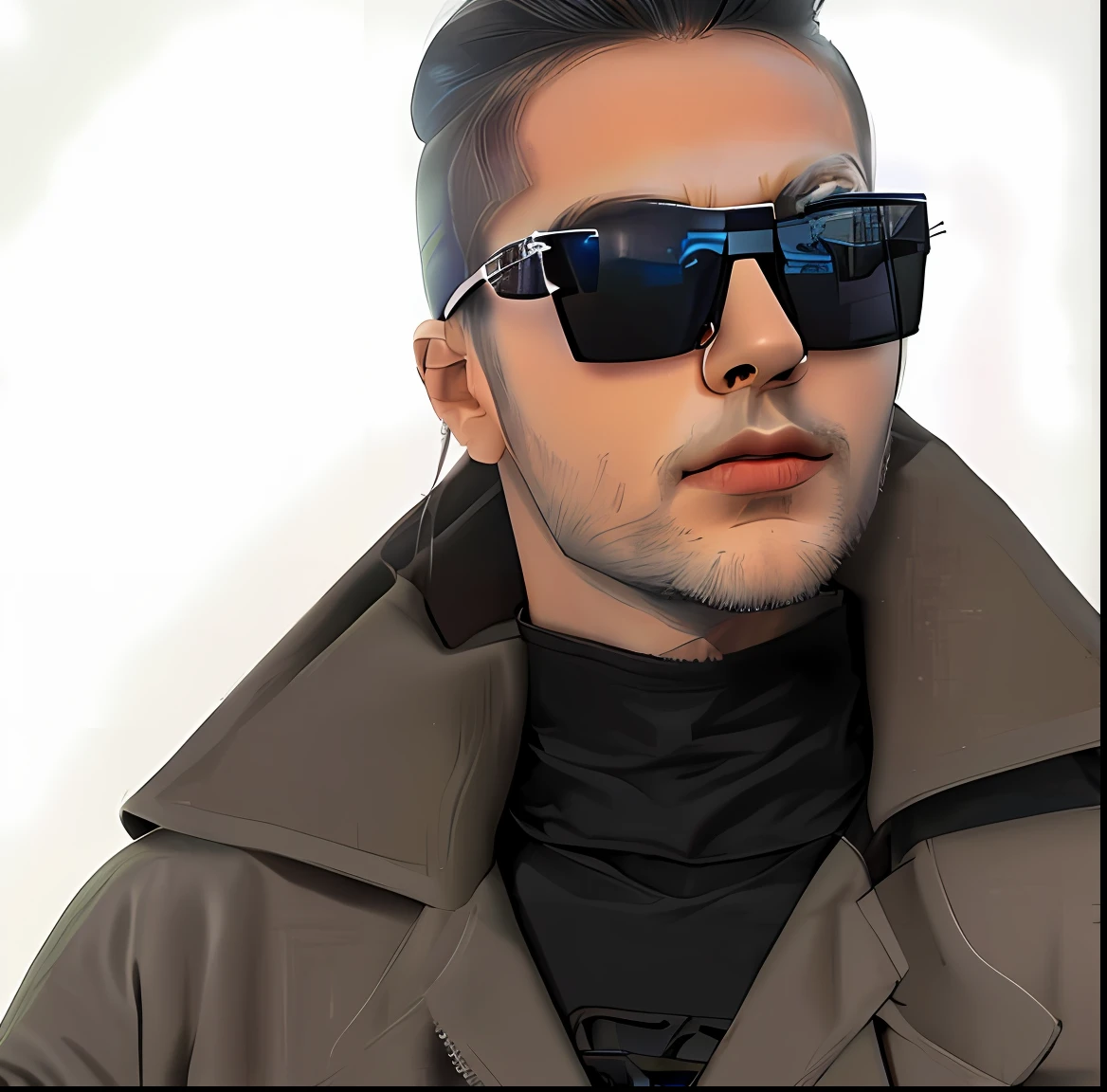 Arad man in coat and sunglasses standing in front of a white wall, Futuristic sunglasses, futurisitc sunglasses, designer sunglasses, technological sunglasses, shades, Shield sunglasses, with sunglass, Dark shades, Cyberpunk sunglasses, futuristic ar glasses, Amazing hue, cyberpunk eye wear, With sunglasses, sunglasses, wearing versace sunglasses, Avatar style