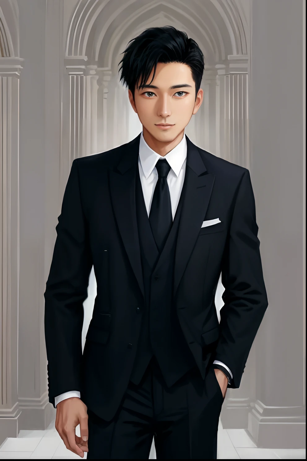 tmasterpiece,A man in a suit and tie,posed for photo,wearing a black noble suit,wearing black suits,dressed in a suit,luxurious suit,Handsome,rays of sunshine