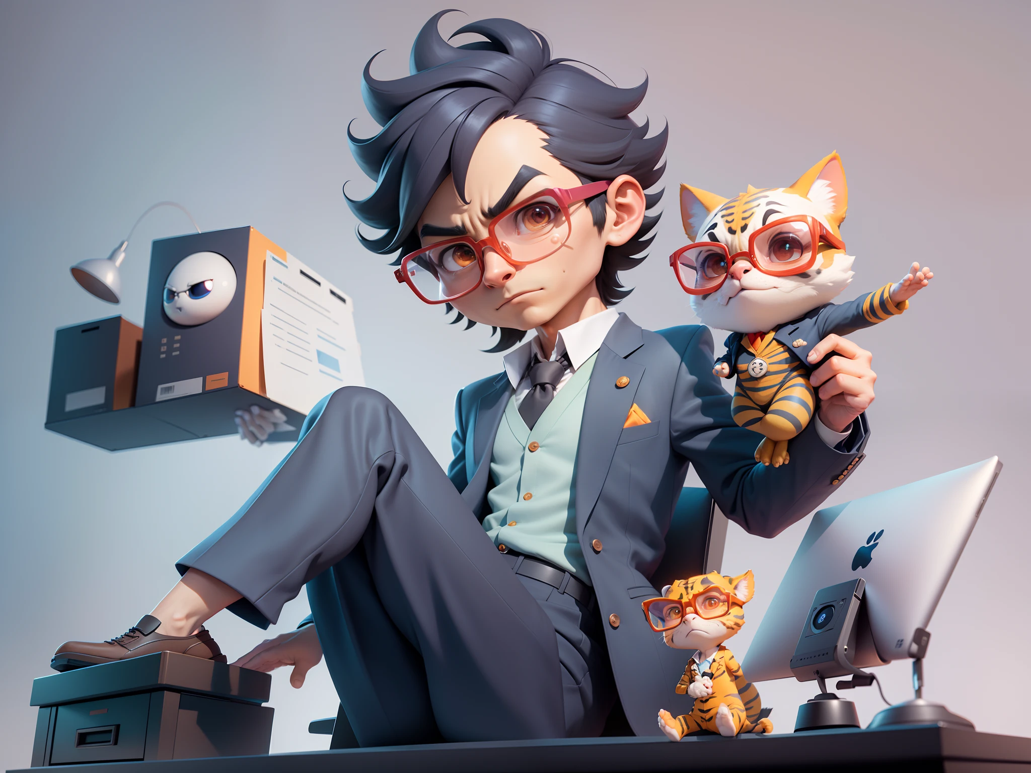 A young man in a suit, Short hair and glasses sat at his desk，holding laptop，digitial painting，tigre，3D character design by Mark Clairen and Pixar and Hayao Miyazaki and Akira Toriyama，4K HD illustration，Very detailed facial features and cartoon-style visuals。