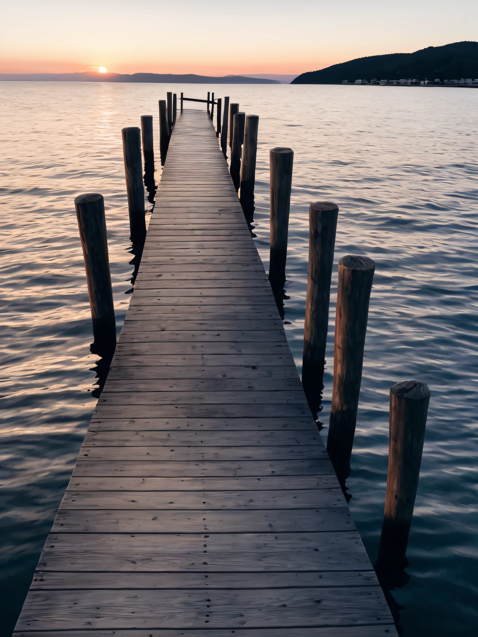 You can see a wooden pier，There is water on it, late sunset, late sunset, pov photo, Sunset photo, iphone picture, The camera angle is low at the water level, during sunrise, at the sunset, calm afternoon, sunsettime, pov shot, Sit on the wooden dock, low perspective, Sunset in the background, wide angle photo, starrysky