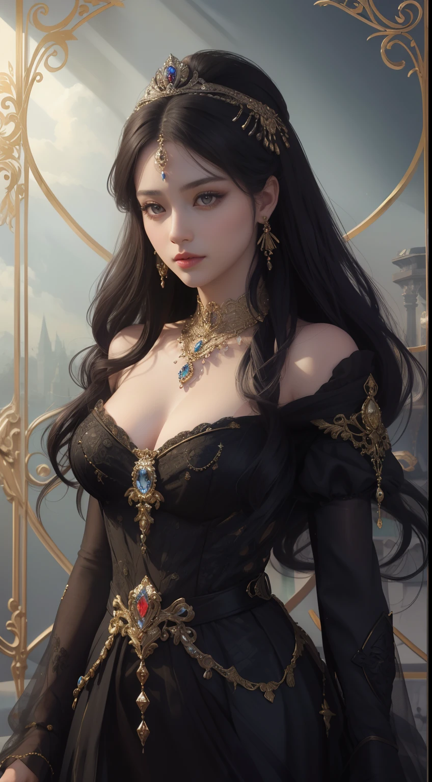 tmasterpiece，Highest image quality，Beautiful bust of a royal lady，Delicate black hairstyle，Amber eyes are clear，Embellished with a dazzling array of intricate jewelry，super detailing，upscaled。