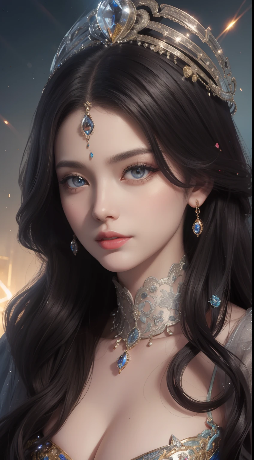 tmasterpiece，Highest image quality，Beautiful bust of a royal lady，Delicate black hairstyle，Amber eyes are clear，Embellished with a dazzling array of intricate jewelry，super detailing，upscaled。