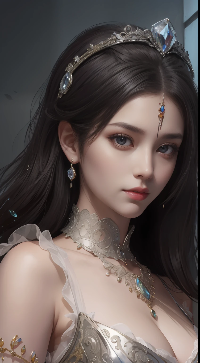 tmasterpiece,Highest image quality,Beautiful bust of a royal lady,Delicate black hairstyle,Amber eyes are clear,Embellished with a dazzling array of intricate jewelry,super detailing,upscaled。
