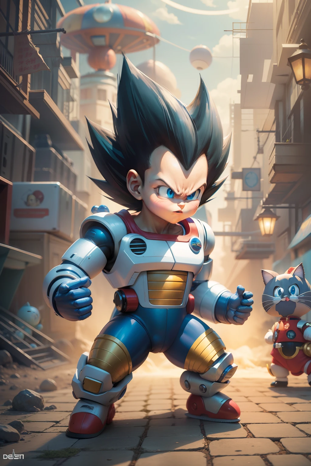 Vegeta fusion Doraemon, The Prince of Saiyans with the robotic cat from the future, exploring the universe.