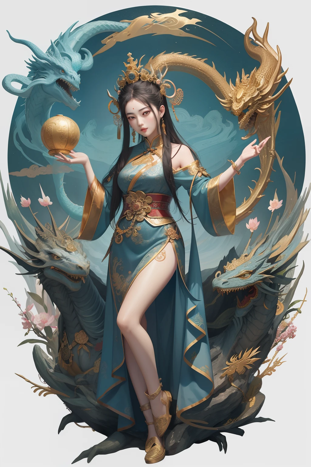 an ancient Chinese goddess, guanyin of the southern seas, Guanyin, Inspired by China, Avalokiteshvara rides a dragon,,Serene expression,shui mo hua,Buddha,Buddhist,Lotus,Chinese painting style,Thangka style