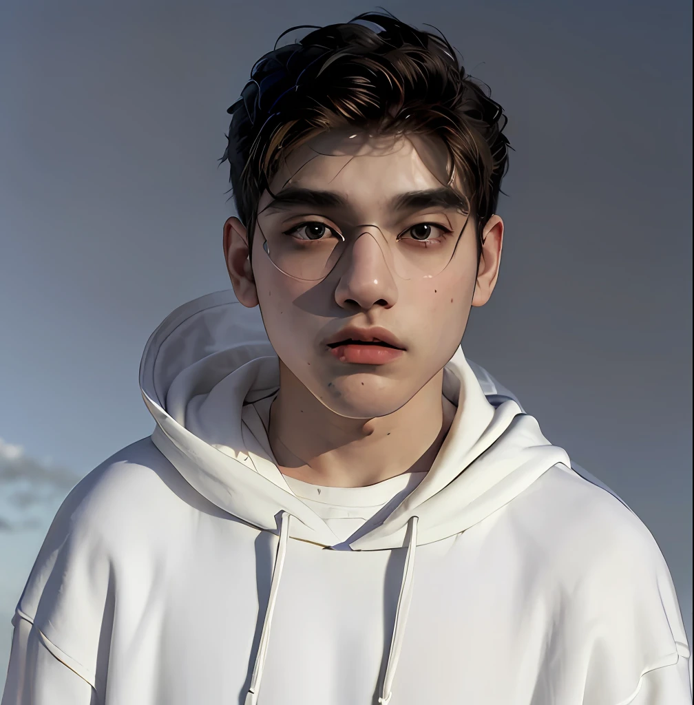 (masterpiece:1.2), (best quality:1.2), hyper realistic,highestres,absurdres,extremely detailed,volumetic,dramatic lighting,(frontal view),
20 year old boy,face,detailed eyes, white hoodie, black t-shirt, with background ((sky))