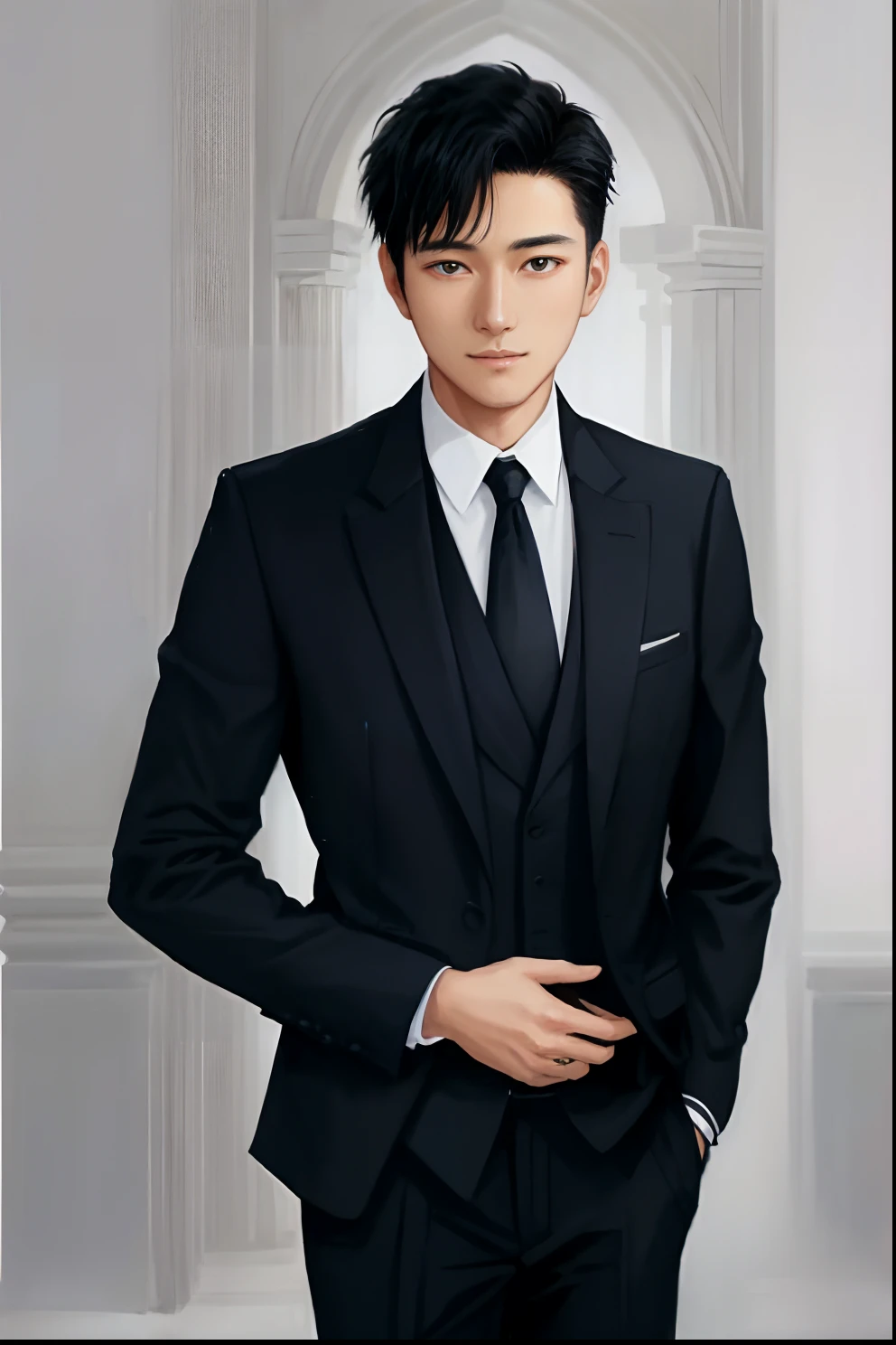 tmasterpiece,A man in a suit and tie,posed for photo,wearing a black noble suit,wearing black suits,dressed in a suit,luxurious suit,Handsome,rays of sunshine