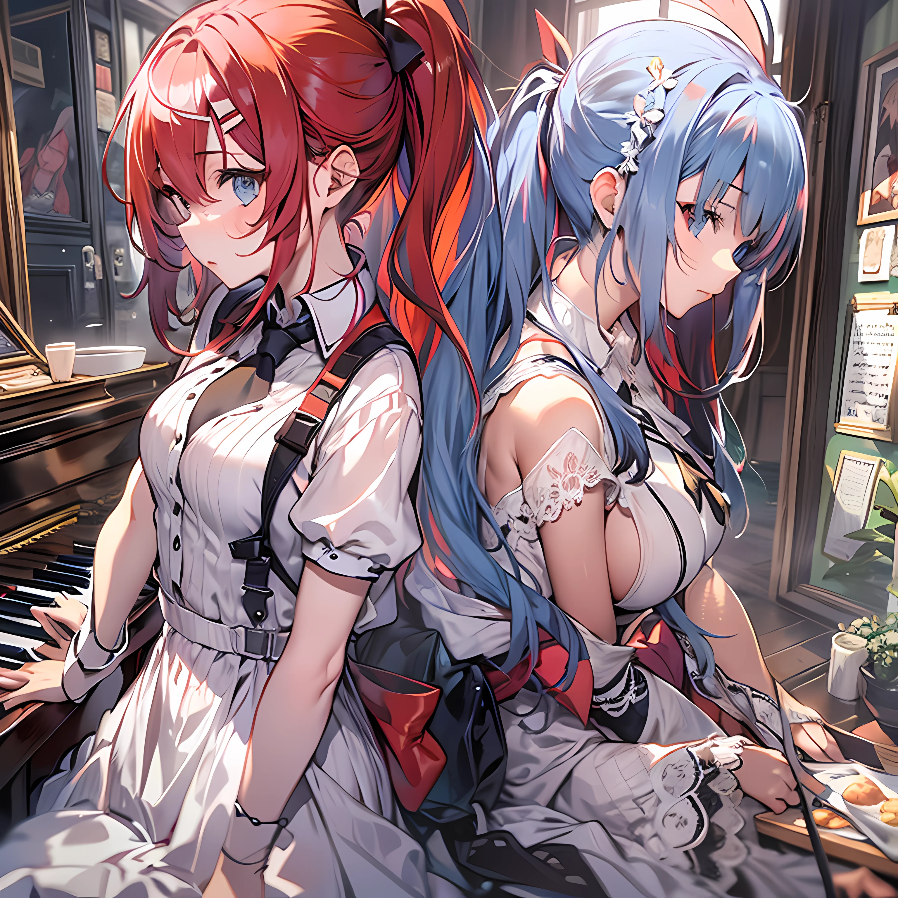 Best quality, Masterpiece, In the daytime，Close-up, Inside the piano shop，two women,A schoolgirl, Red hair, Single high ponytail, red color eyes, Medium breasts, black lence stockings, White JK。A mature royal sister，Long blue hair，blue color eyes，Large of breast，black lence stockings，white dresses，Two women chatting face to face