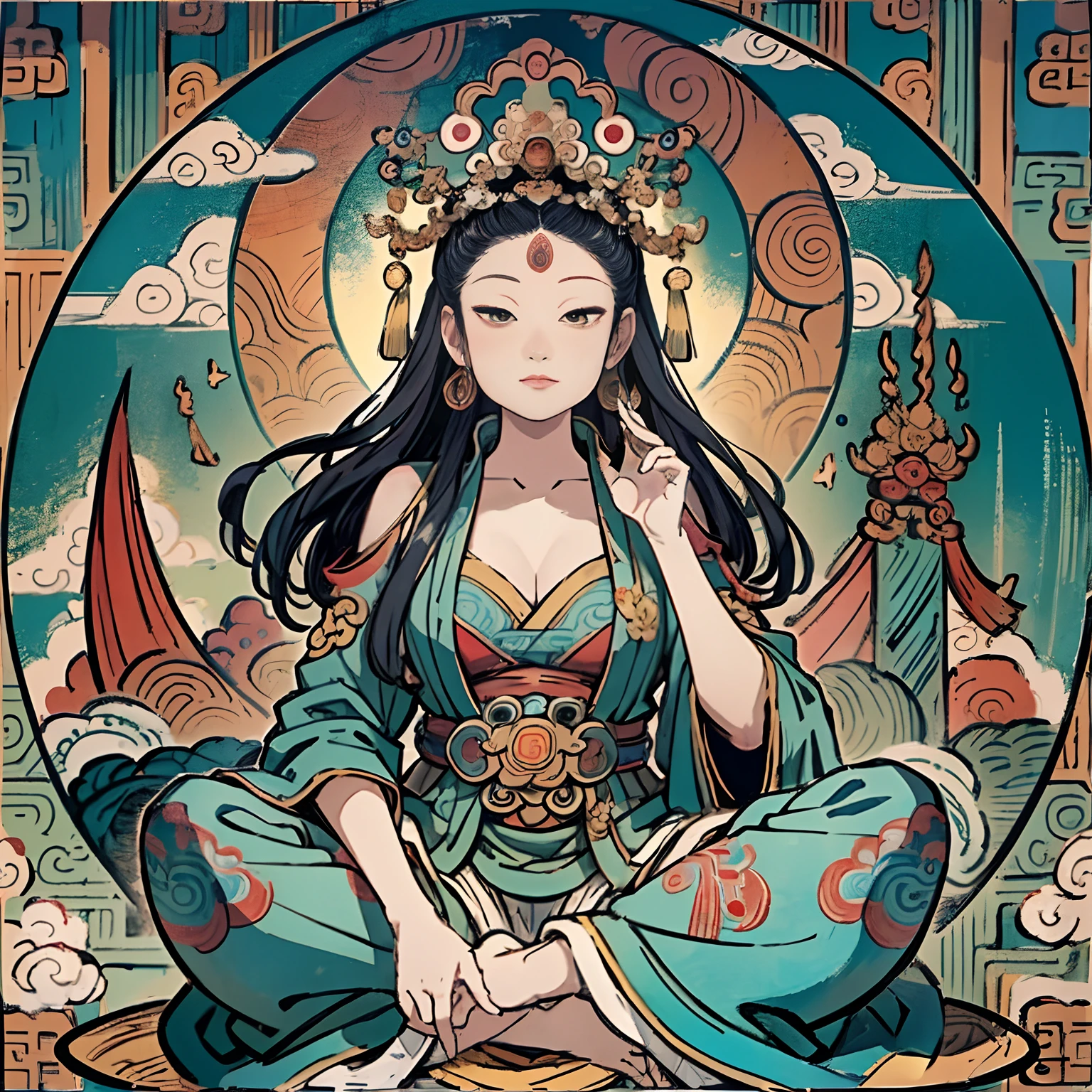 an ancient Chinese goddess, guanyin of the southern seas, Guanyin, Inspired by India, Avalokiteshvara Bodhisattva Lion,,Serene expression,shui mo hua,Buddha,Buddhist,Lotus,Chinese painting style,Thangka style