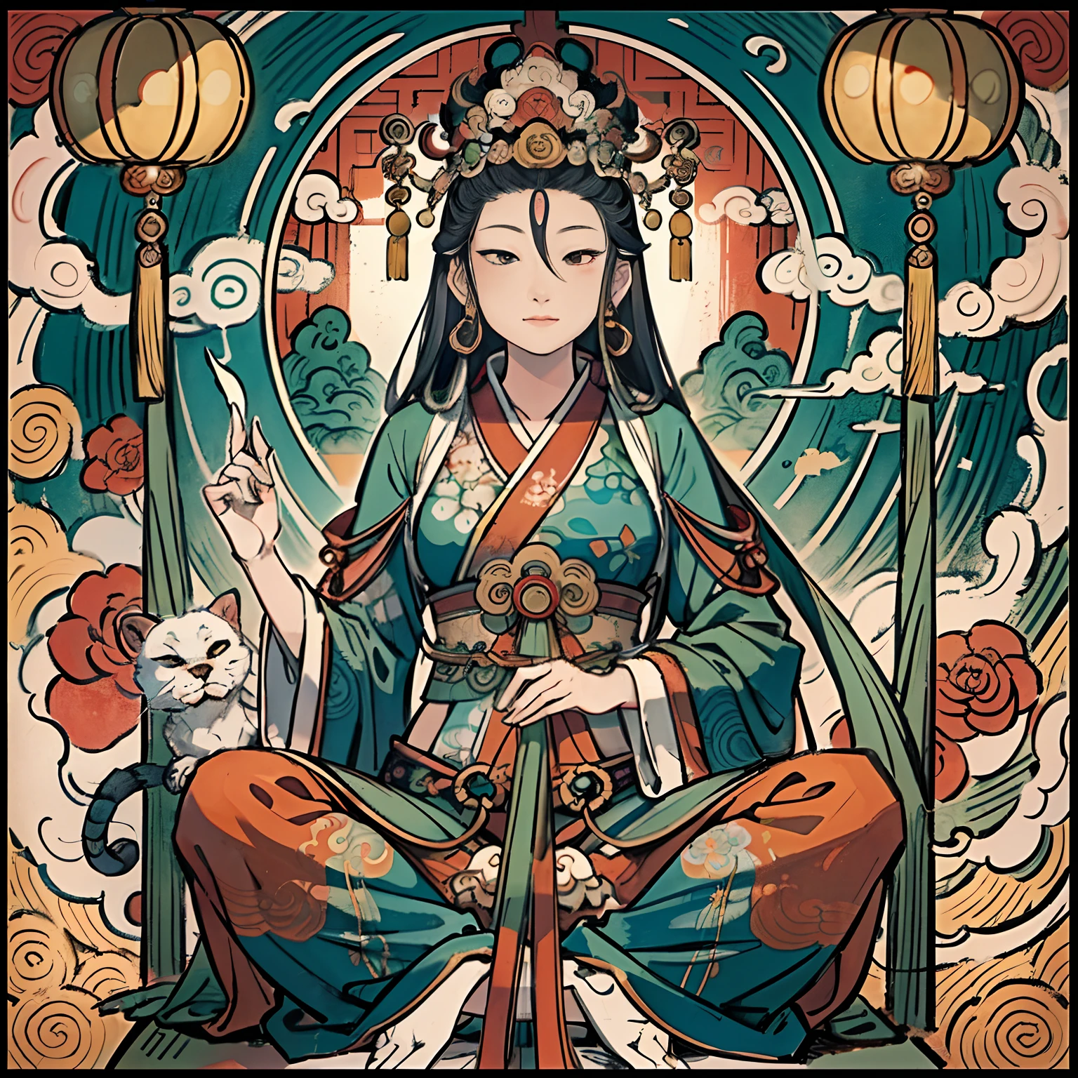 an ancient Chinese goddess, guanyin of the southern seas, Guanyin, Inspired by India, Avalokiteshvara Bodhisattva Lion,,Serene expression,shui mo hua,Buddha,Buddhist,Lotus,Chinese painting style,Thangka style