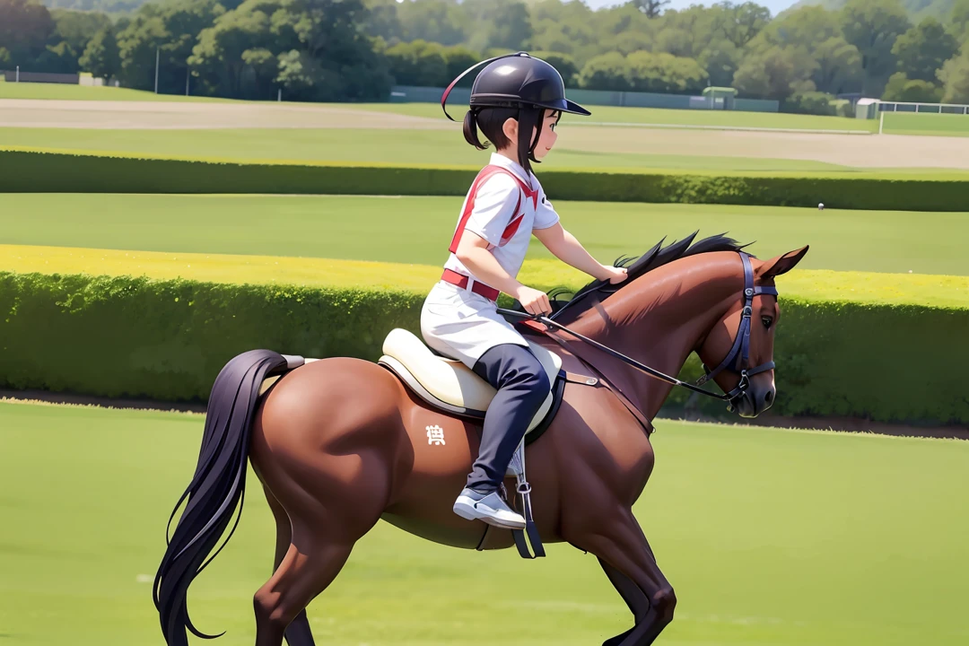 There was a boy riding a pony,The expression is happy,中景 the scene is,The ponies are running,sport,The season is in summer,