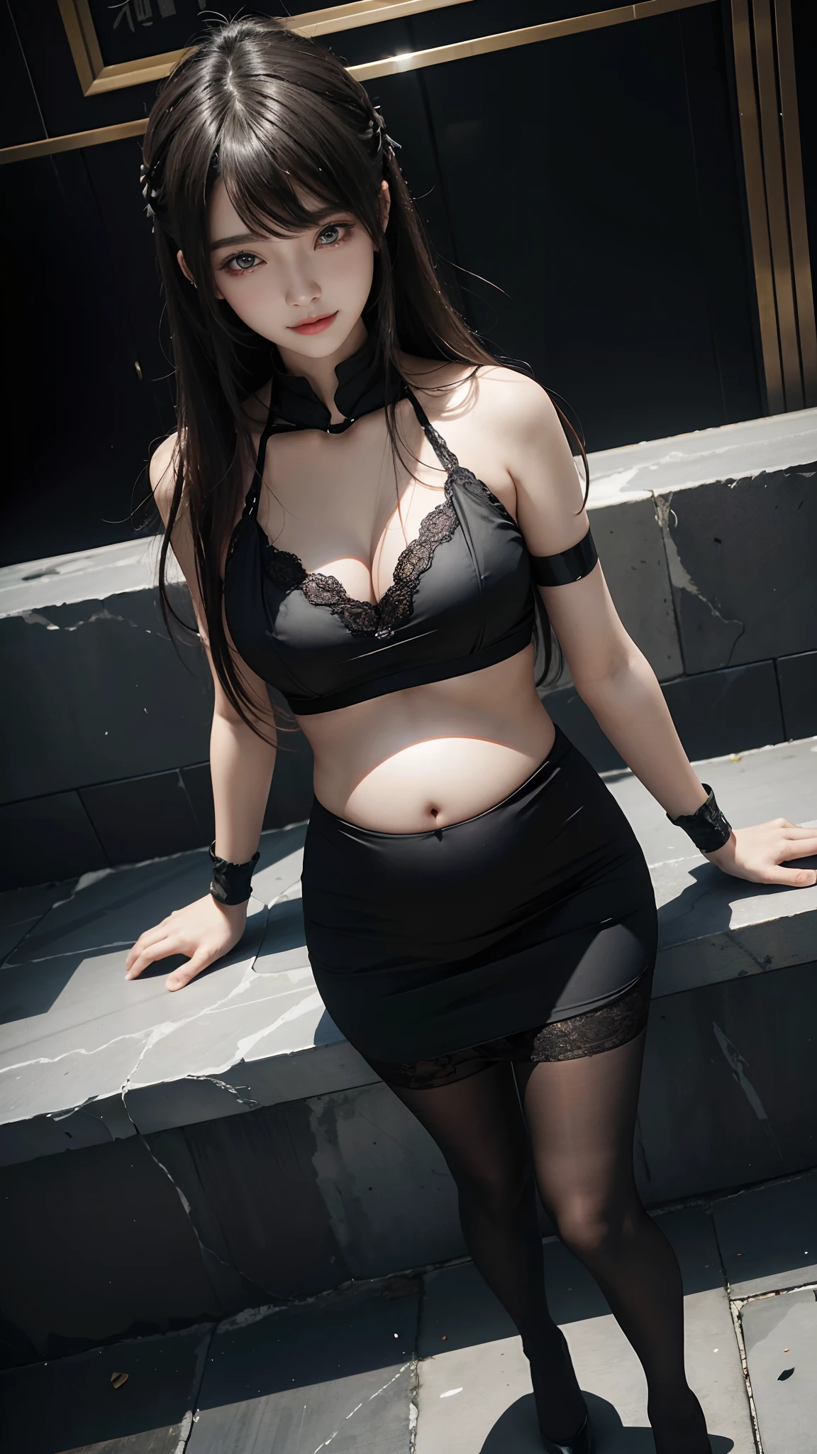 tmasterpiece, 1 beutiful girl, Detailed eyes, Swollen eyes, Best quality at best, 超A high resolution, (Realistis: 1.4), RAW photogr, cinmatic lighting, ssmile, a asian beauty, Korea, Ren, Super beautiful, Small young face, Beautiful skins, busty figure, cyber punk perssonage(hyper realisitc), (illustratio), (A high resolution), (8K), (The is very detailed), (Most Best Illustration), (ultra-detailliert), (the wallpaper), (详细的脸), audience looking, finely detailled, deep shading, low tune, pureerosfaceace_V1,happy grin, long whitr hair, 46-point diagonal bangs,(Pregnant abdomen:0.95),(full body pov:1.1),lacepantyhose,detailed costume