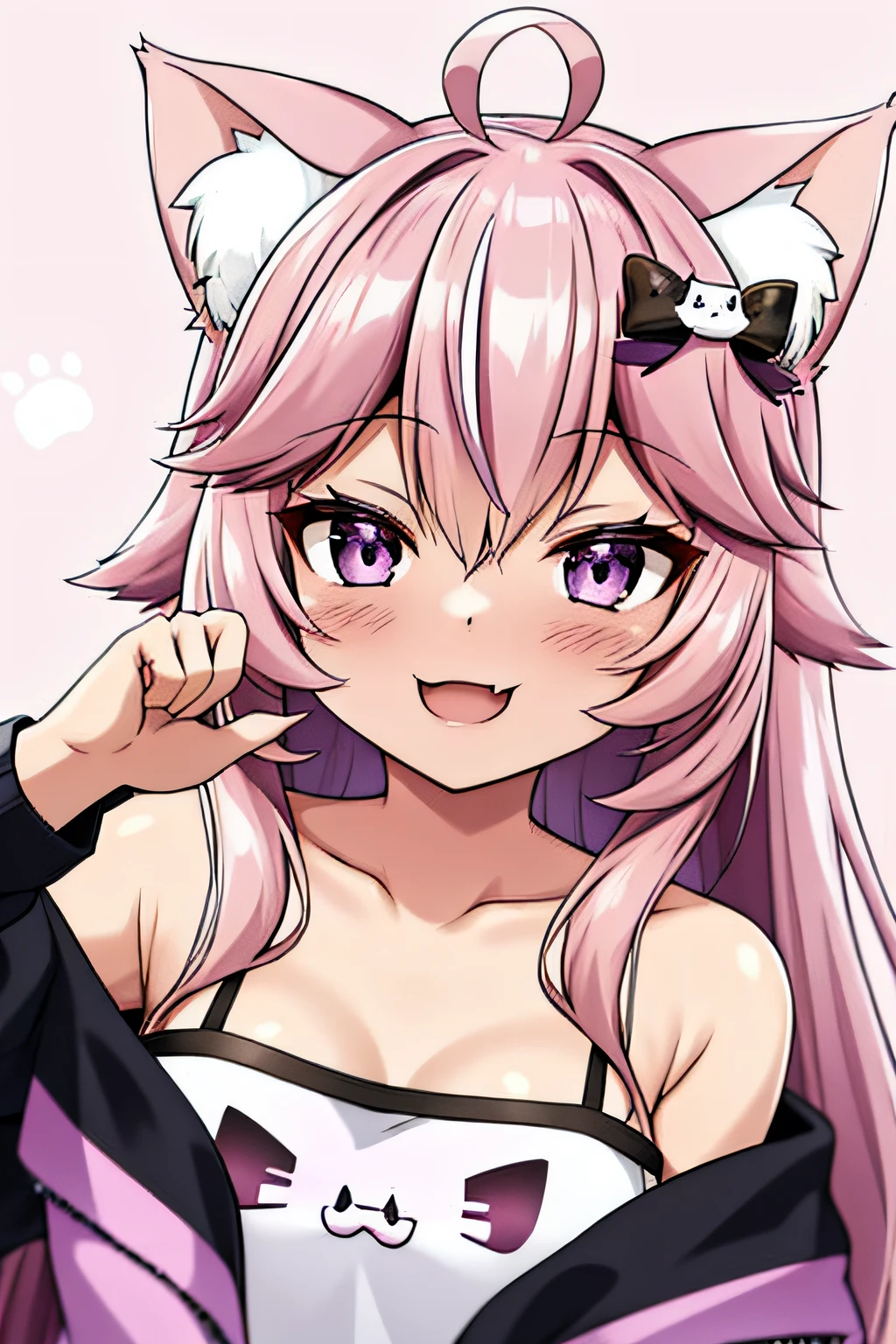 nyatasha nyanners, masterpiece, best quality, 1girl, virtual youtuber, animal ears, cat ears, pink hair, purple eyes, long hair, paw pose, cat hair ornament, solo, ahoge, looking at viewer, smile, blush, animal ear fluff, open mouth, jacket, fang, camisole, hair ornament, cat print, off shoulder, bare shoulders, :3, collarbone, cat girl, hoodie, hood, :d, very long hair, skin fang, upper body, bangs,