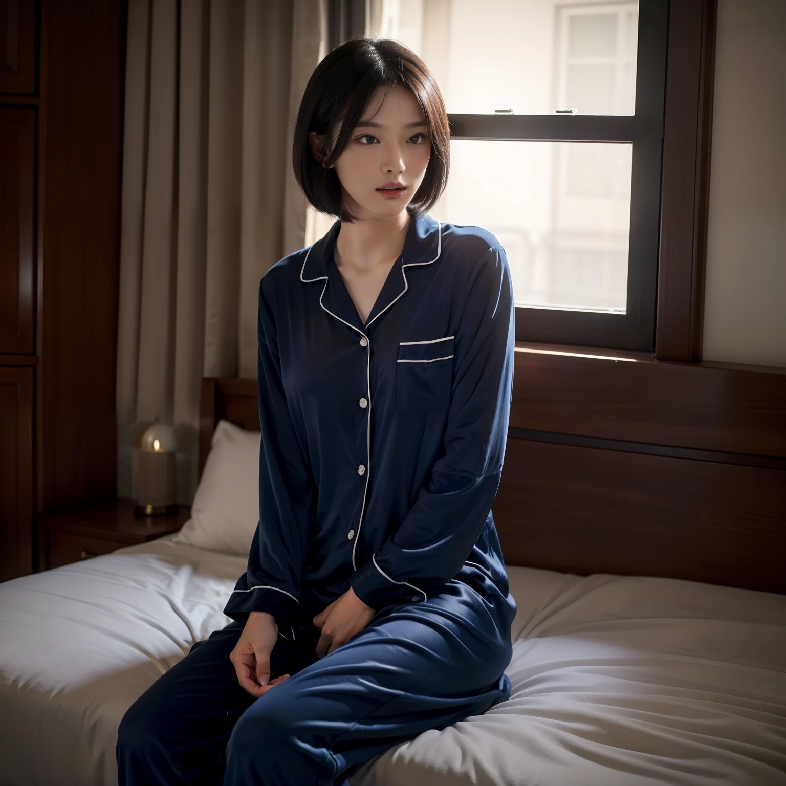 top-quality, masterpiece, 超A high resolution, 8K, Unripe, (photographrealistic:1.4), physically-based renderingt, depth of fields, Look at viewers, A slender, (sitting on:1.1), In a luxurious bedroom, detailed beautiful faces, 1 rapariga, cute little, 年轻,, Large black eyes, Black Hair Bob,Pajama luxury, (s Pajamas:1.3),s Pajamas,high-class sense,
