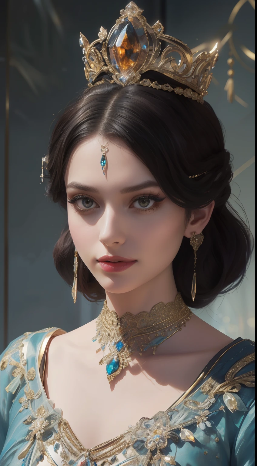 tmasterpiece，Highest image quality，Beautiful bust of a royal lady，Delicate black hairstyle，Amber eyes are clear，Embellished with a dazzling array of intricate jewelry，super detailing，upscaled。