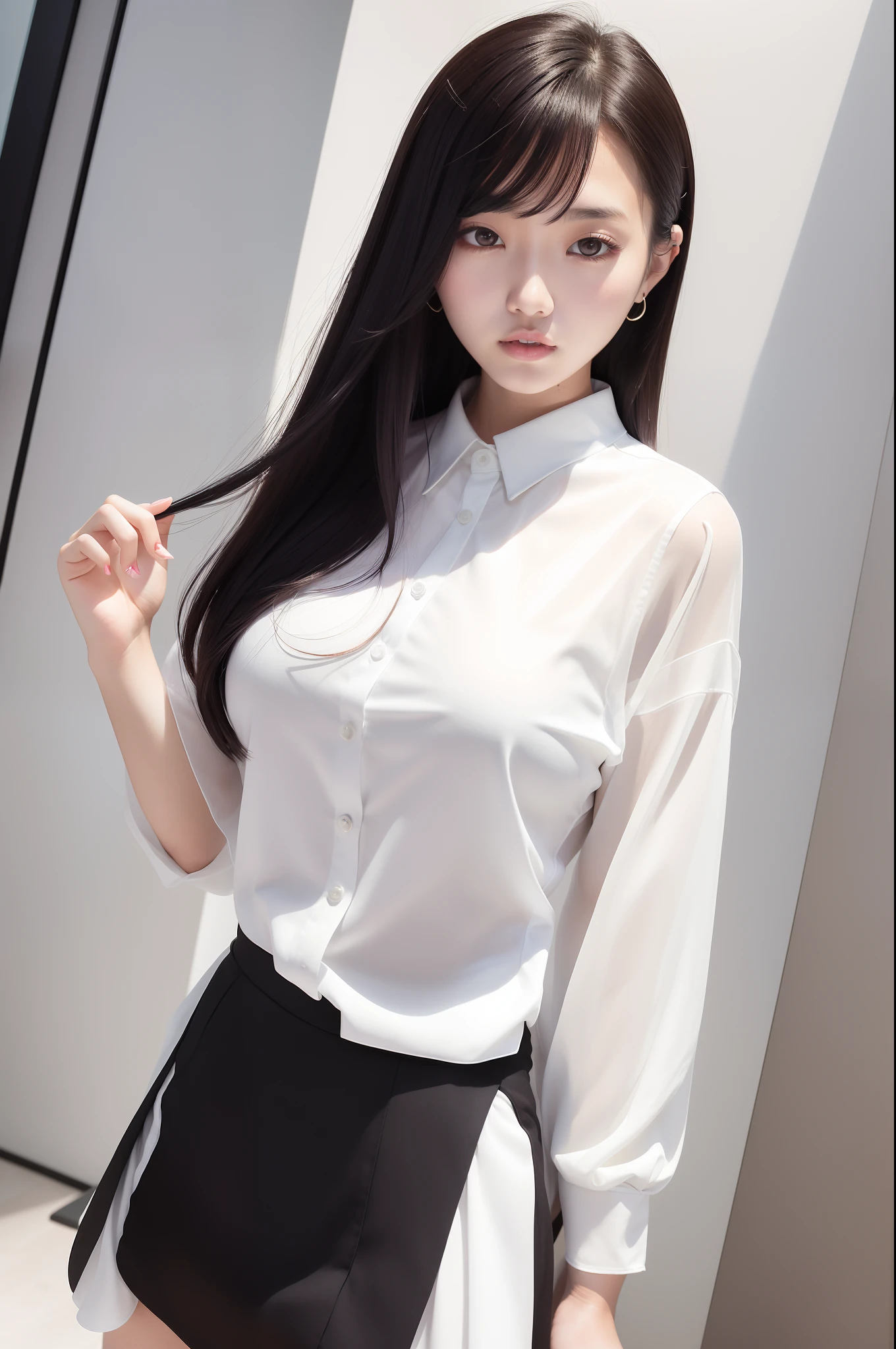 arafed asian woman in a white shirt and black skirt posing for a picture, jaeyeon nam, gorgeous young korean woman, beautiful south korean woman, korean girl, beautiful young korean woman, korean woman, heonhwa choe, korean women's fashion model, smooth white tight clothes suit, sexy look, big breast, light red hair
