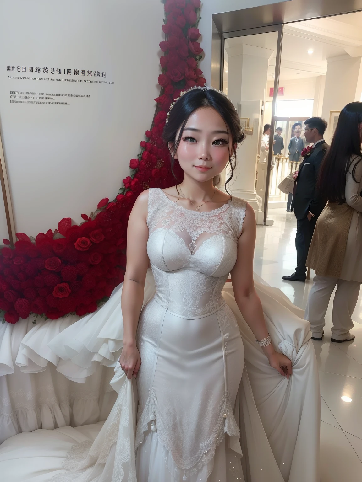 The people behind are removed，The background is changed to be more romantic，The shooting angle has also been changed，The overall photo shows the most beautiful bride，Very romantic，Gaze at me with affection，There is a beauty of love at first sight。