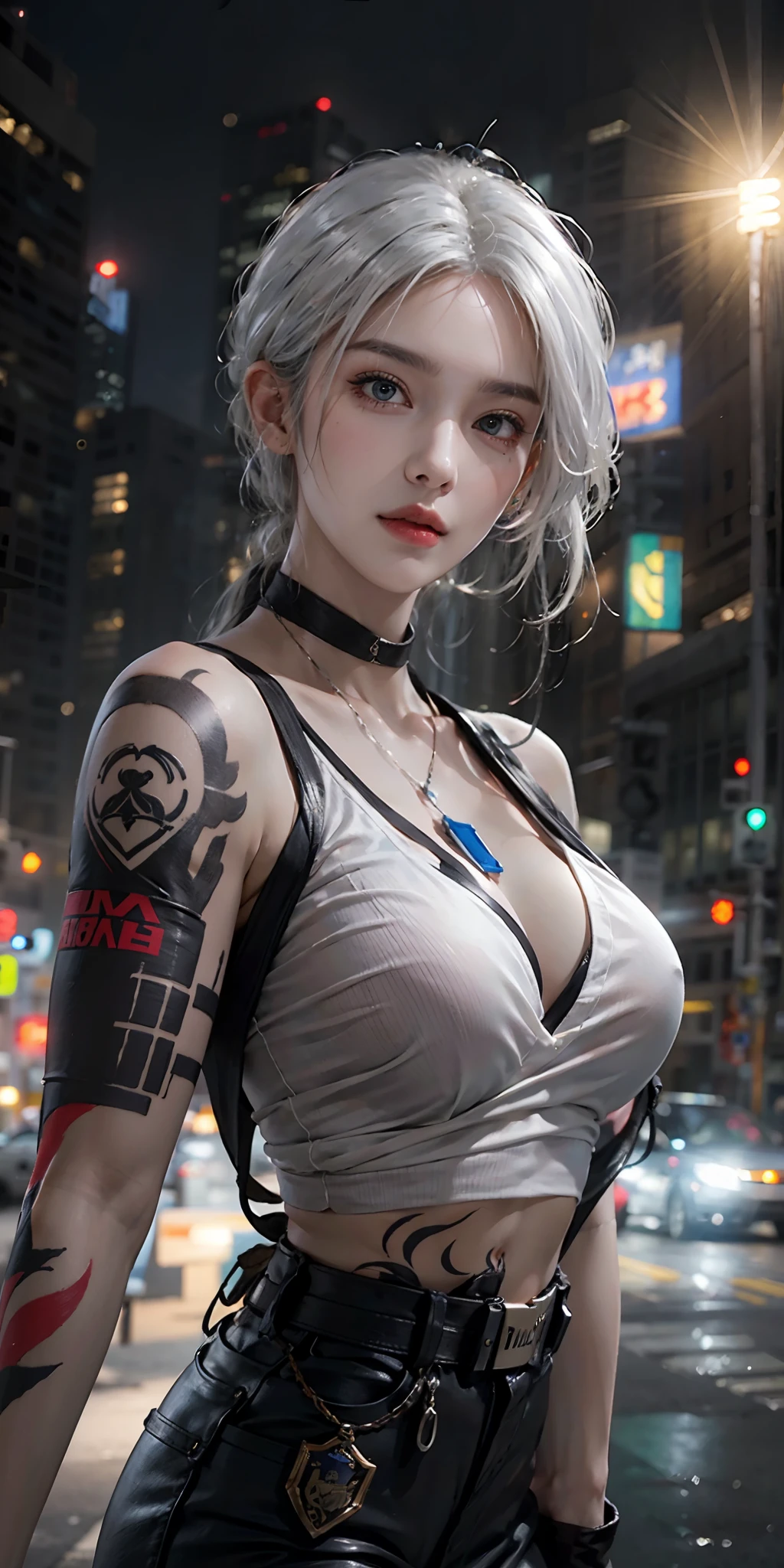 photorealistic, high resolution, soft light,1women, solo, hips up, (detailed face),tattoo, jewelry, night city, police uniform, white hair, police woman